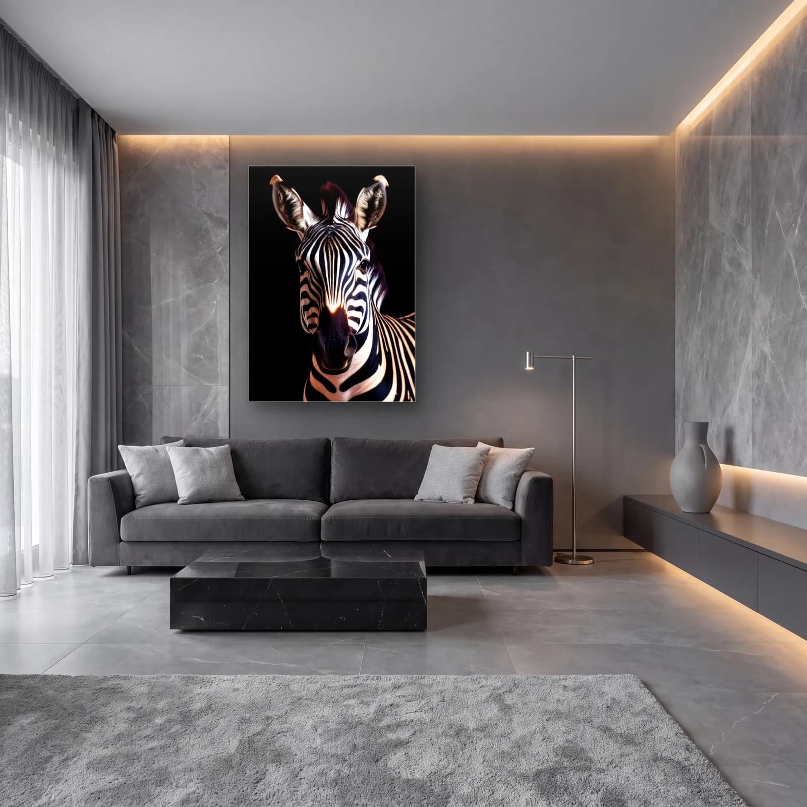 Zebra Portresi Sıcak Işık cam tablo — lüks salon duvarında