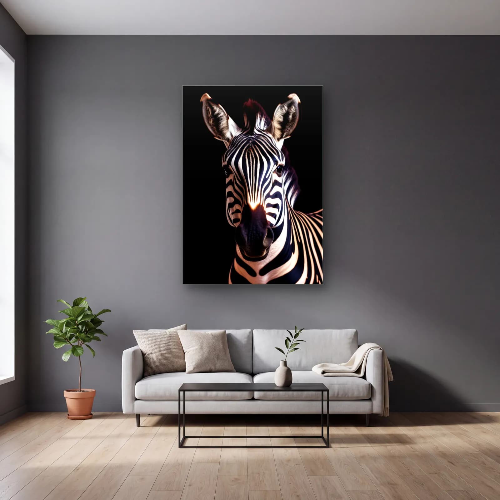 Zebra Portresi Sıcak Işık cam tablo — gri duvarlı salonda