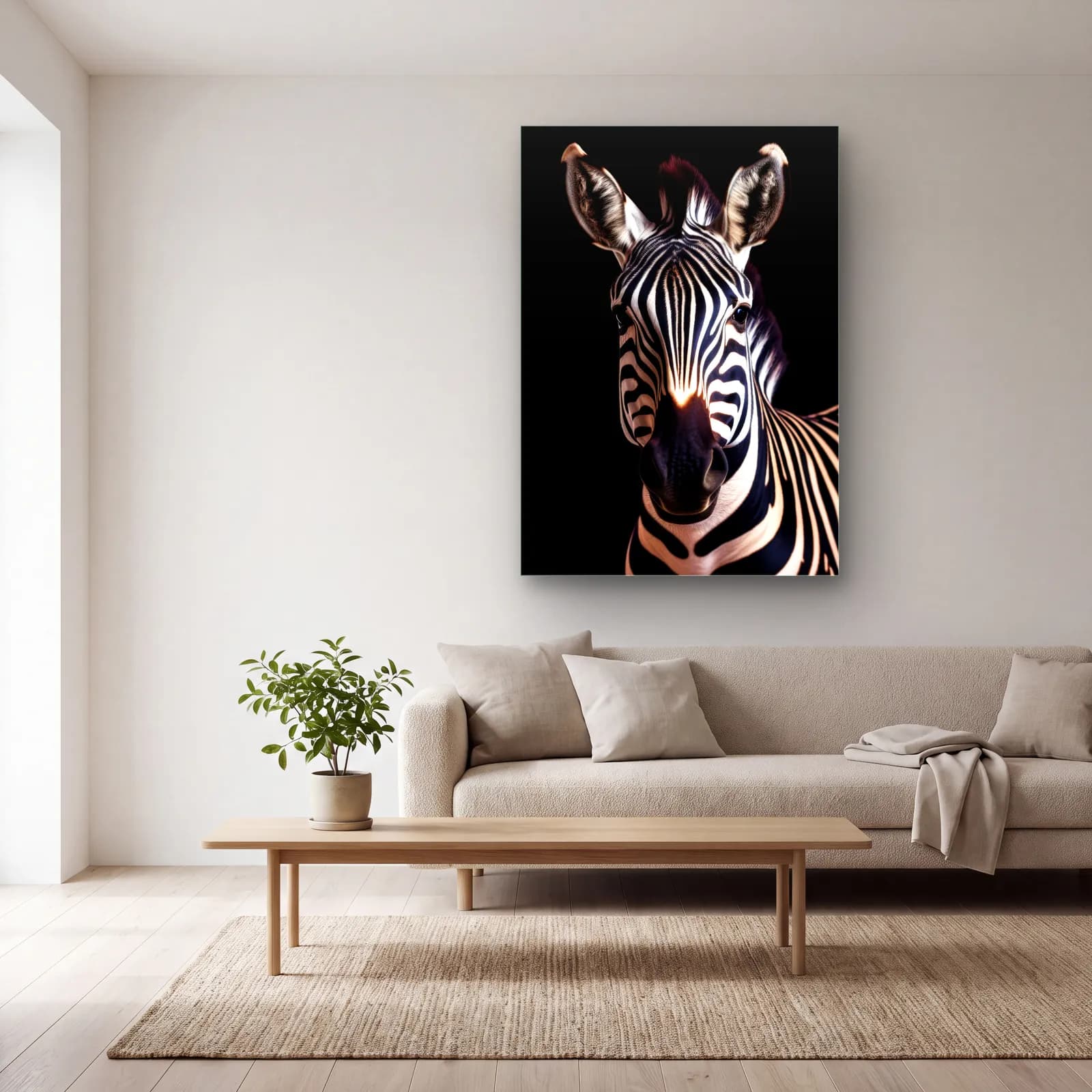 Zebra Portresi Sıcak Işık cam tablo — açık renk salonda