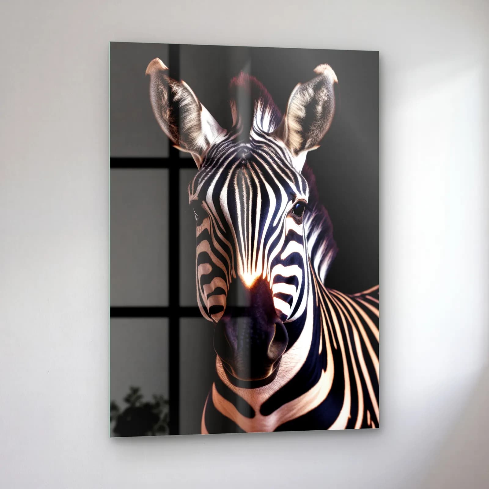 Zebra Portresi Sıcak Işık cam tablo — sol açıdan görünüm