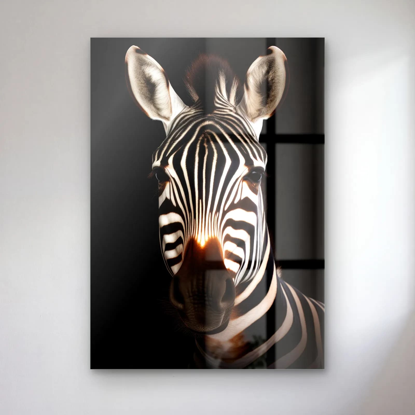 Loş Işıkta Zebra cam tablo — Loş ışıkta önden bakan, kulakları dik zebra