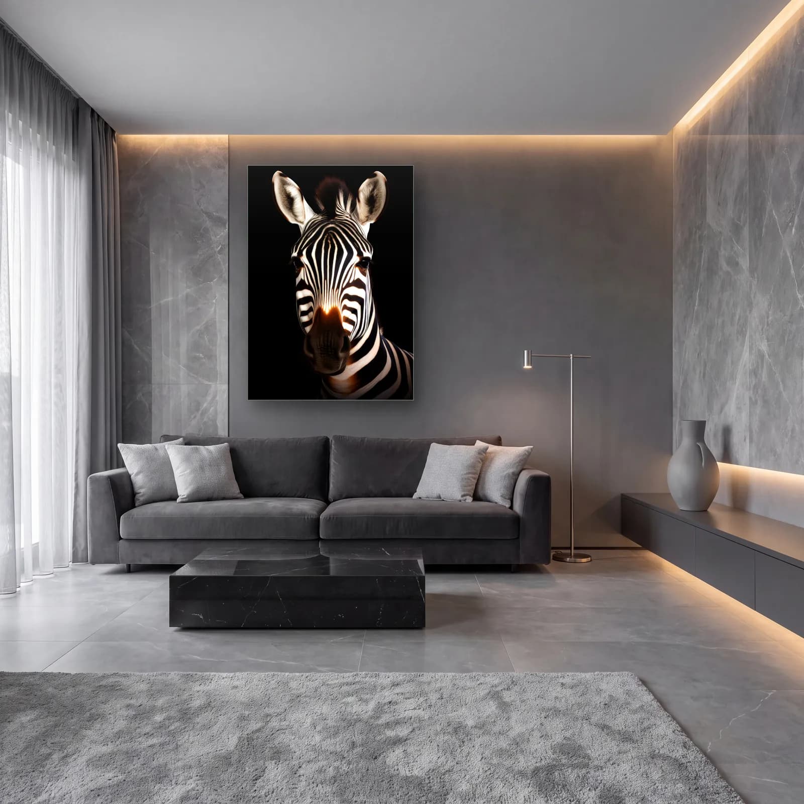 Loş Işıkta Zebra cam tablo — lüks salon duvarında