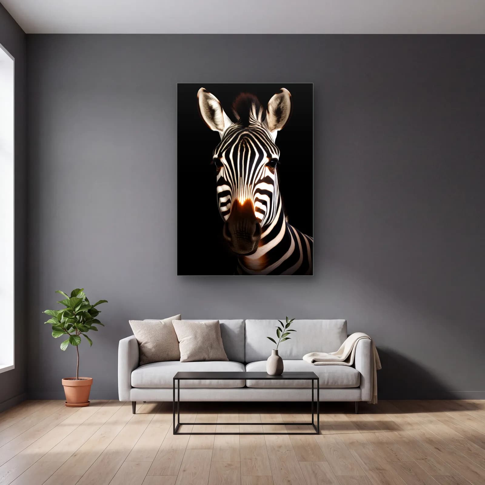 Loş Işıkta Zebra cam tablo — gri duvarlı salonda