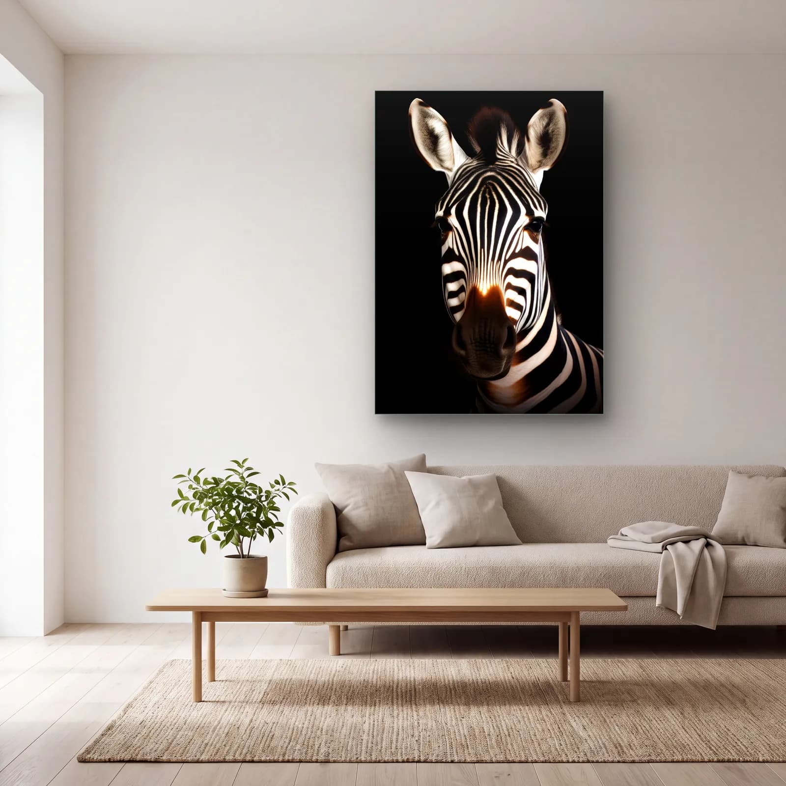 Loş Işıkta Zebra cam tablo — açık renk salonda