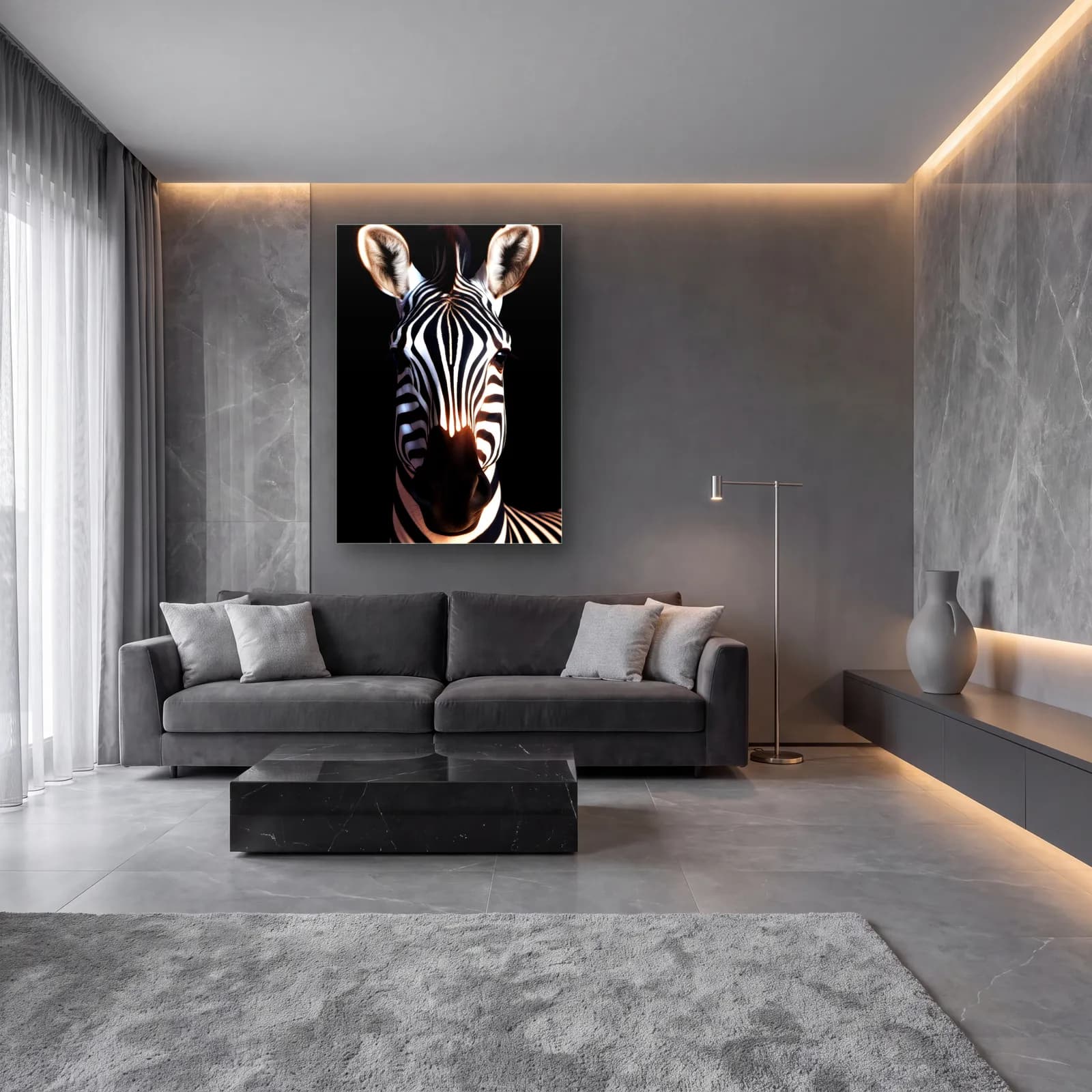 Çizgili Zebra Yakın Plan cam tablo — lüks salon duvarında