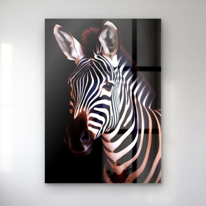 Yandan Bakan Zebra cam tablo — Karanlık fonda başını hafifçe yana çevirmiş zebra