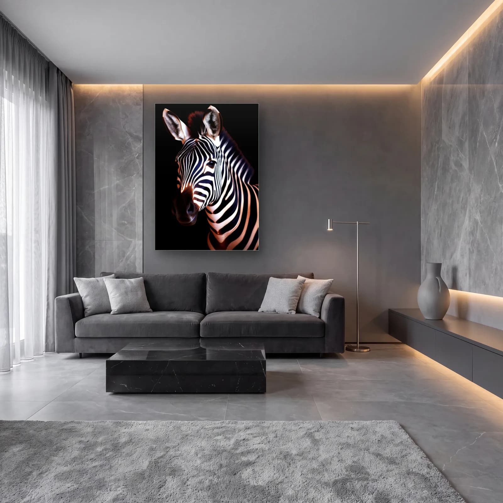 Yandan Bakan Zebra cam tablo — lüks salon duvarında