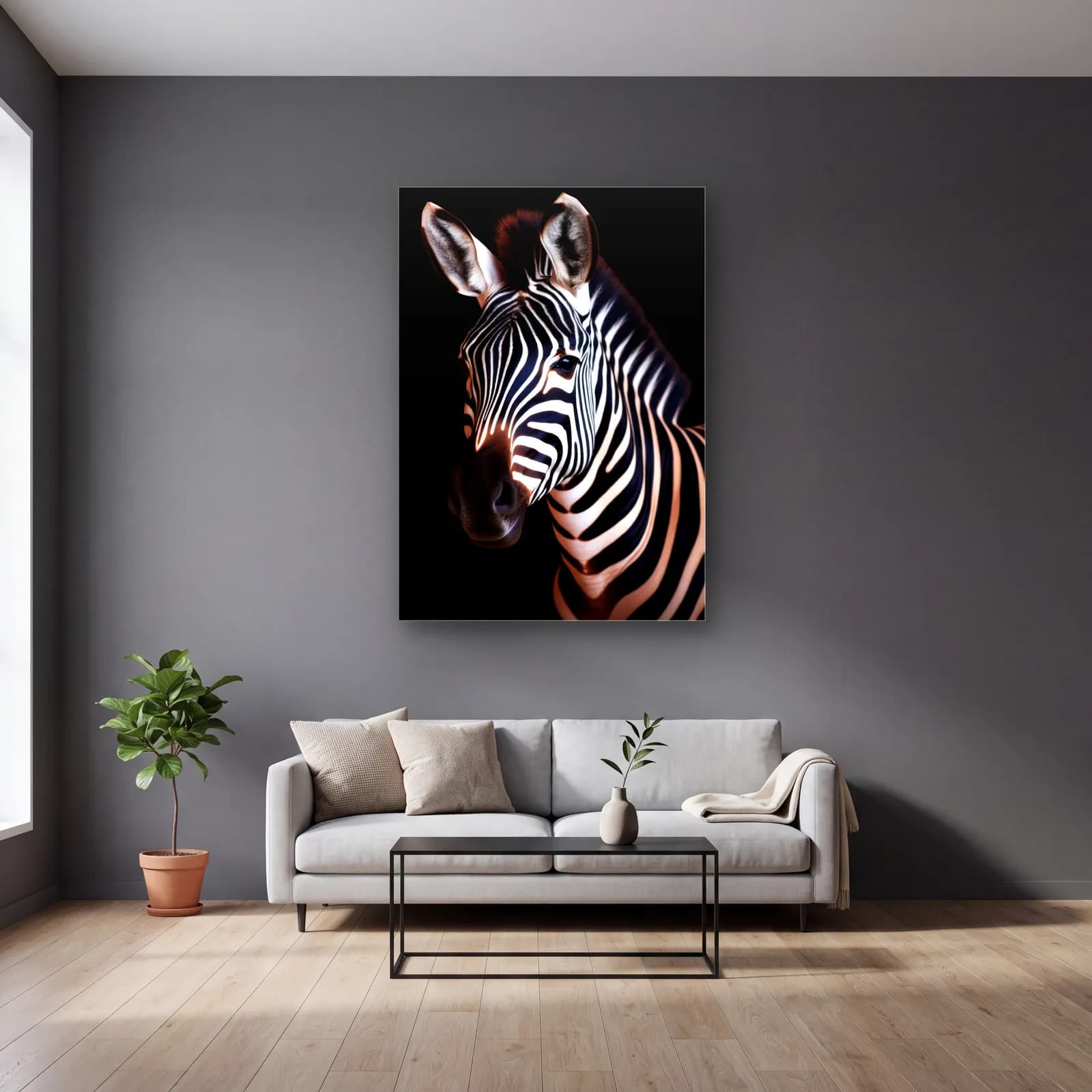 Yandan Bakan Zebra cam tablo — gri duvarlı salonda