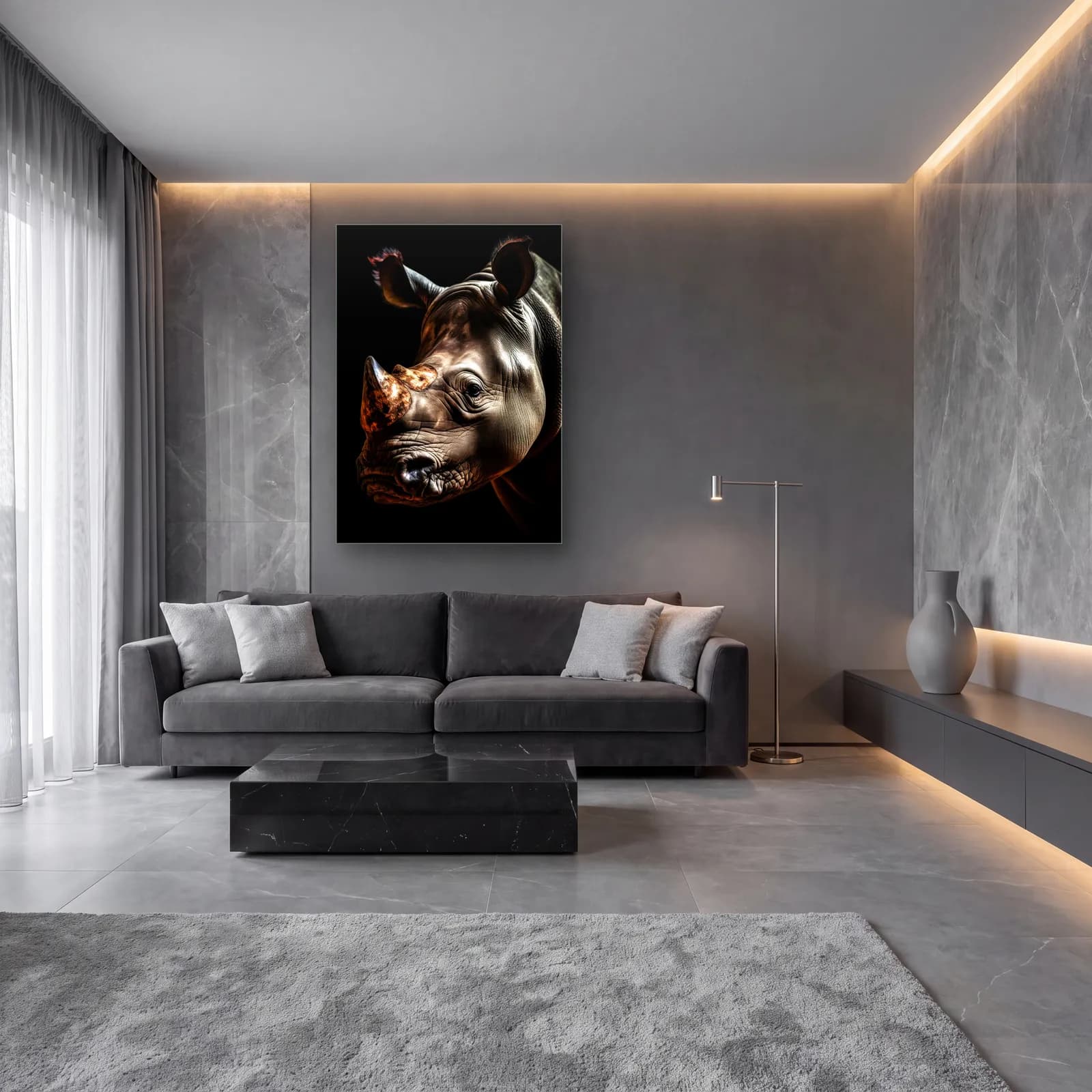 Gergedan Portresi cam tablo — lüks salon duvarında