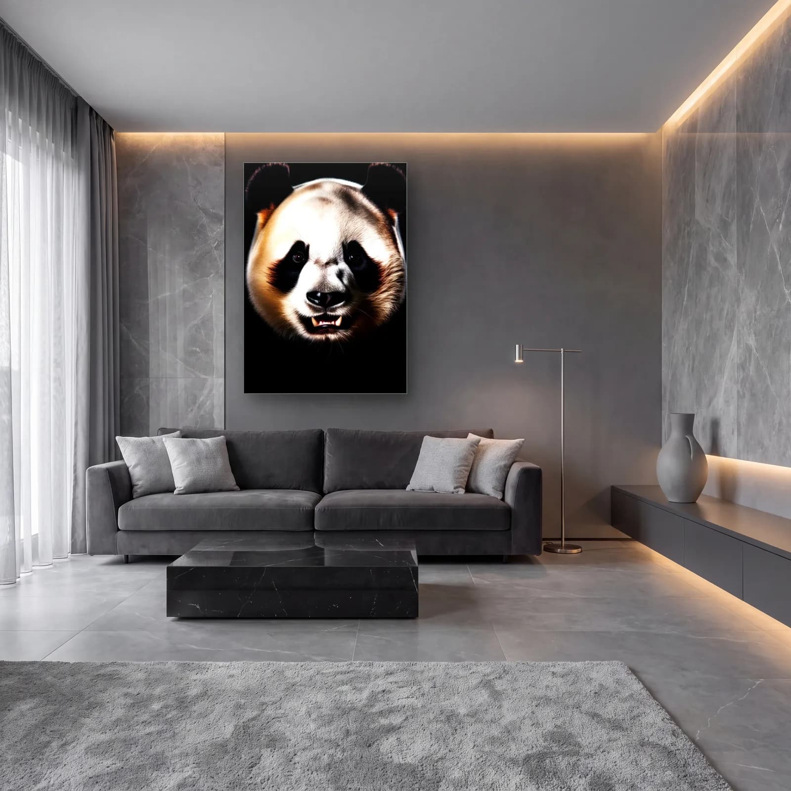 Gülümseyen Panda cam tablo — lüks salon duvarında