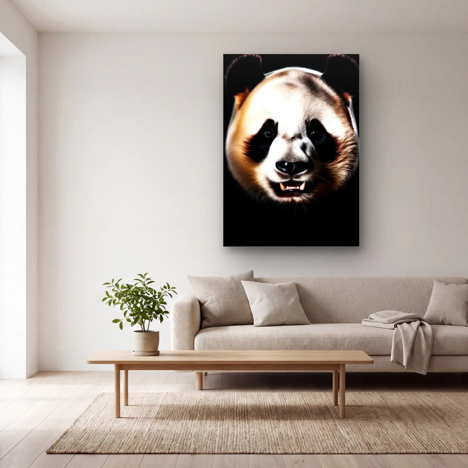 Gülümseyen Panda cam tablo — açık renk salonda