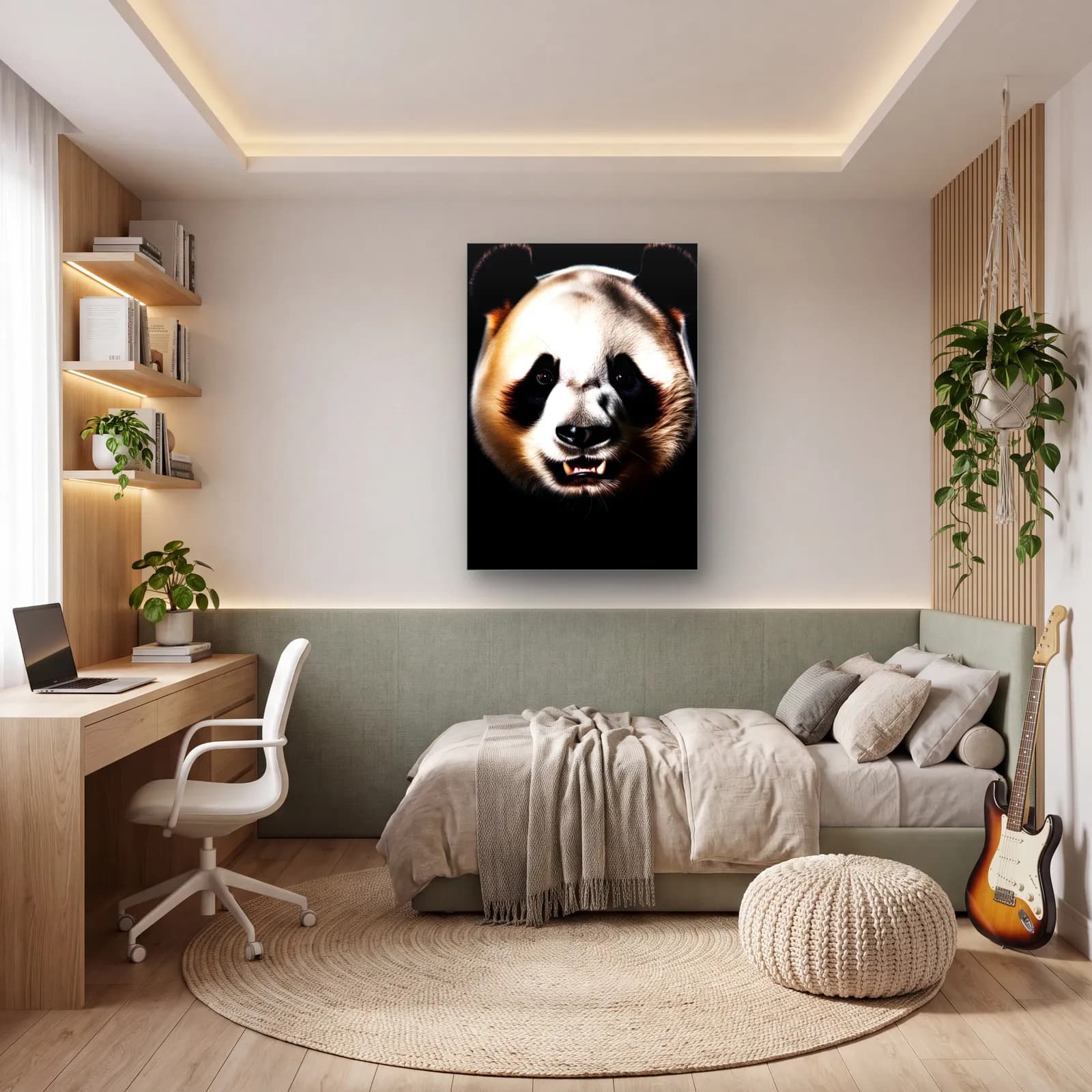 Gülümseyen Panda cam tablo — genç odasında