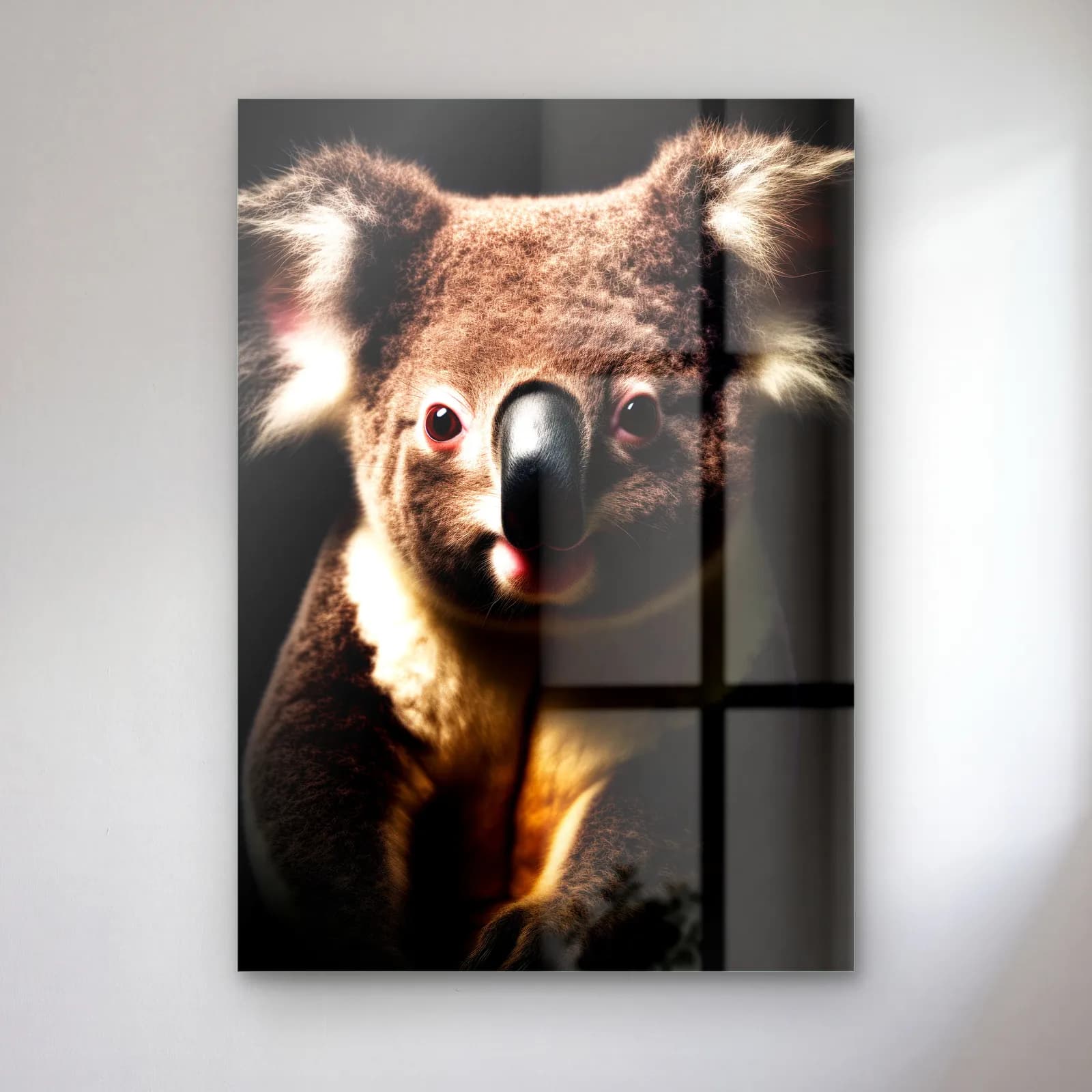Pofuduk Koala Portresi cam tablo — Karanlık fonda pofuduk kulaklı sevimli koala