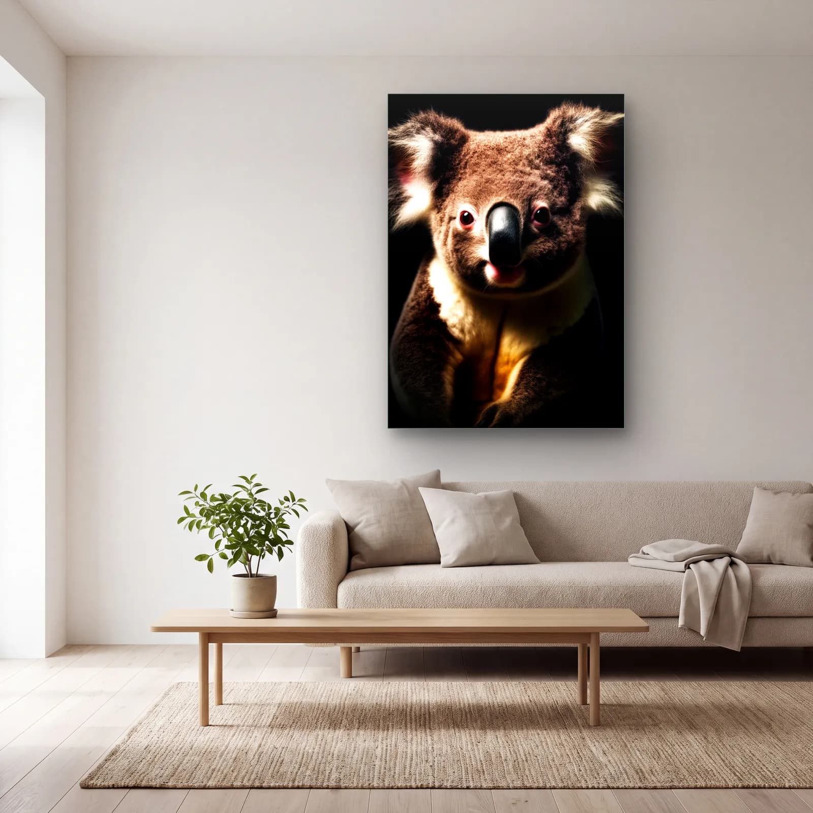 Pofuduk Koala Portresi cam tablo — açık renk salonda