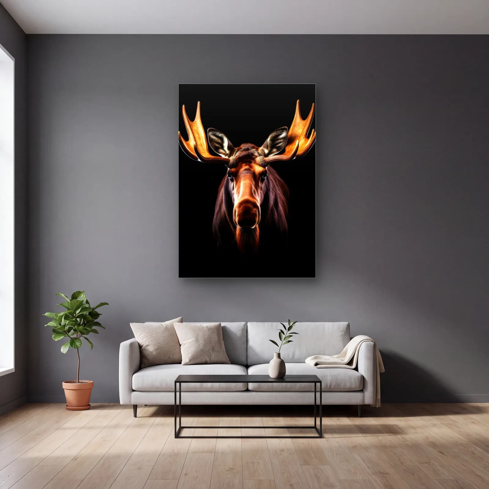Altın Boynuzlu Kanada Geyiği cam tablo — gri duvarlı salonda