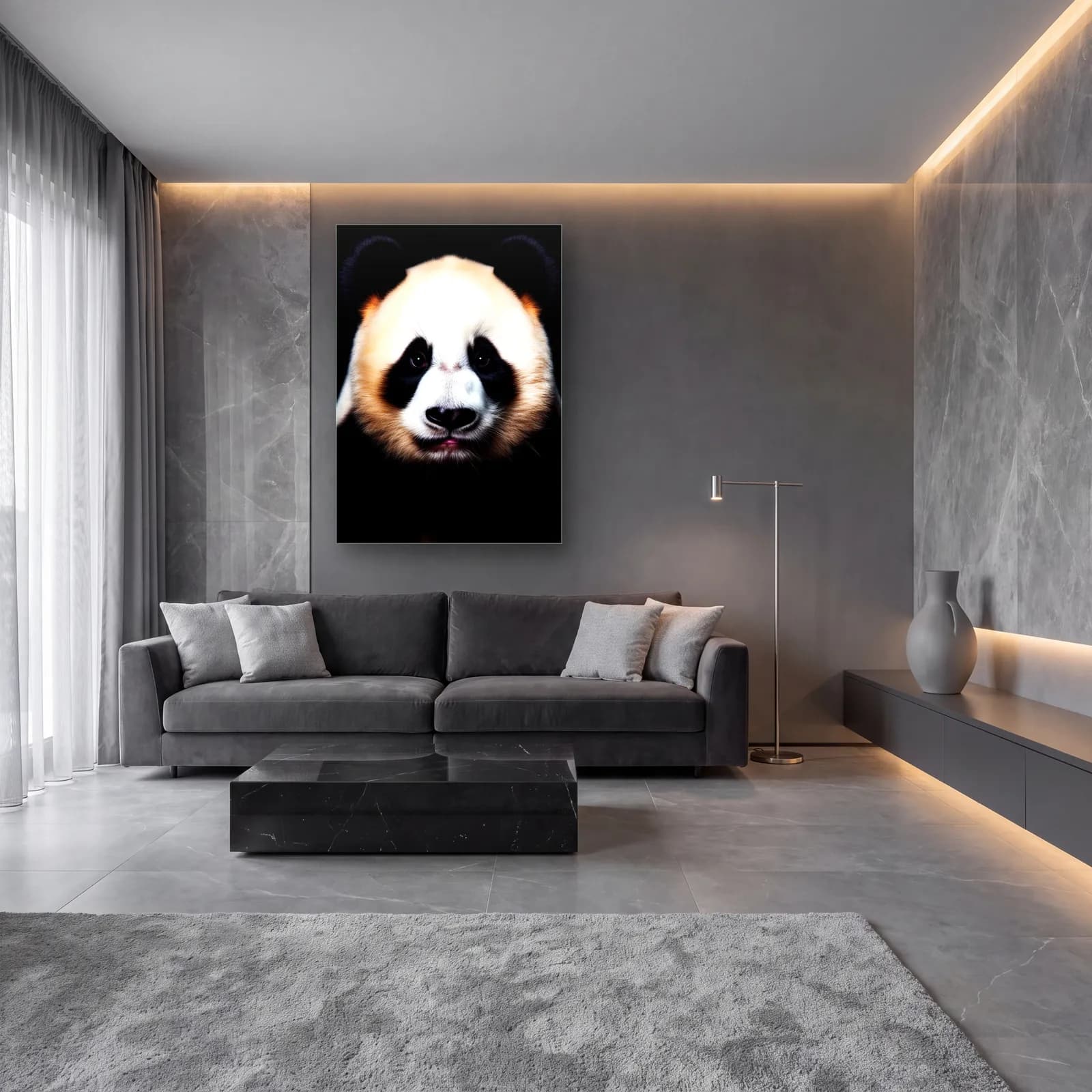 Sevimli Panda Yüzü cam tablo — lüks salon duvarında