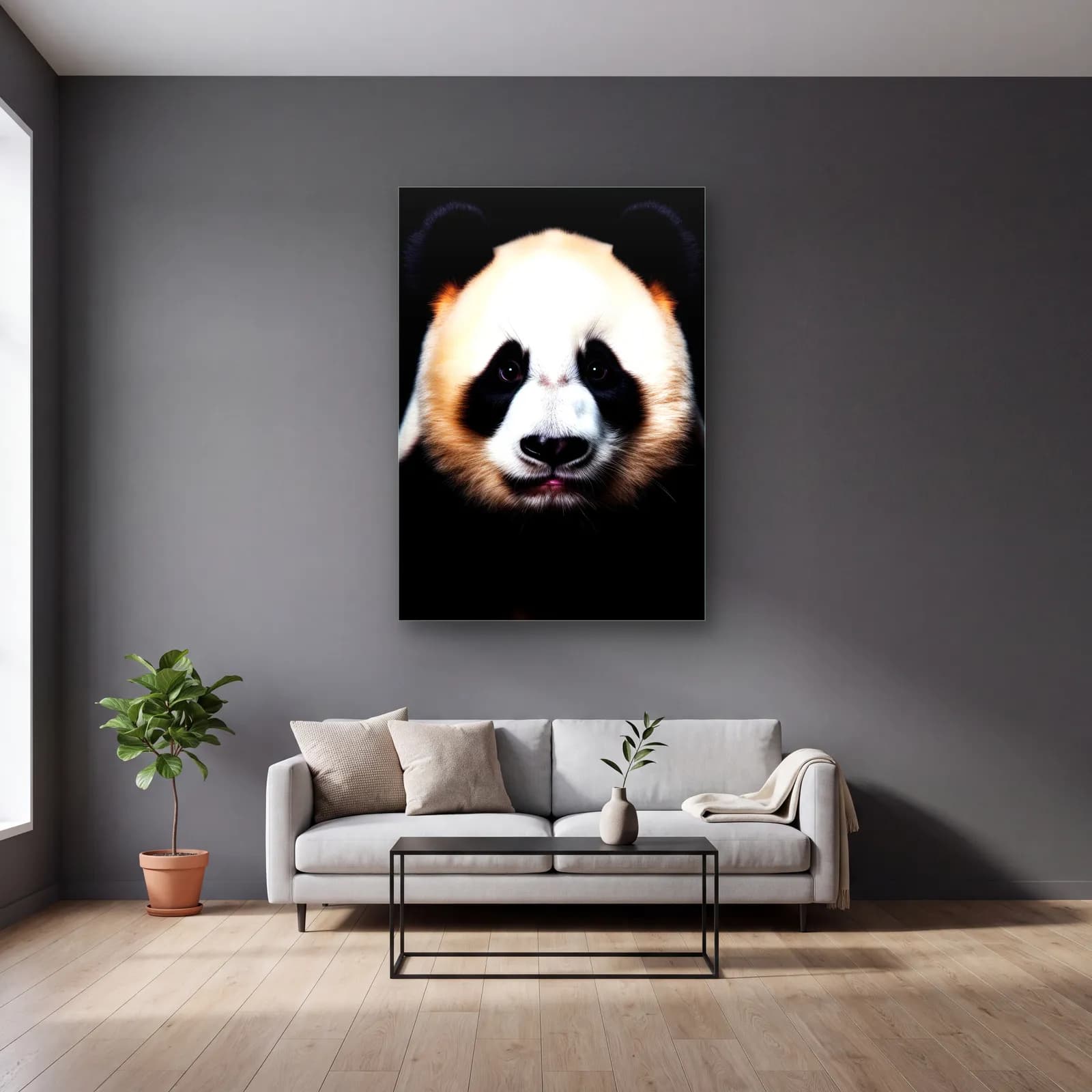 Sevimli Panda Yüzü cam tablo — gri duvarlı salonda