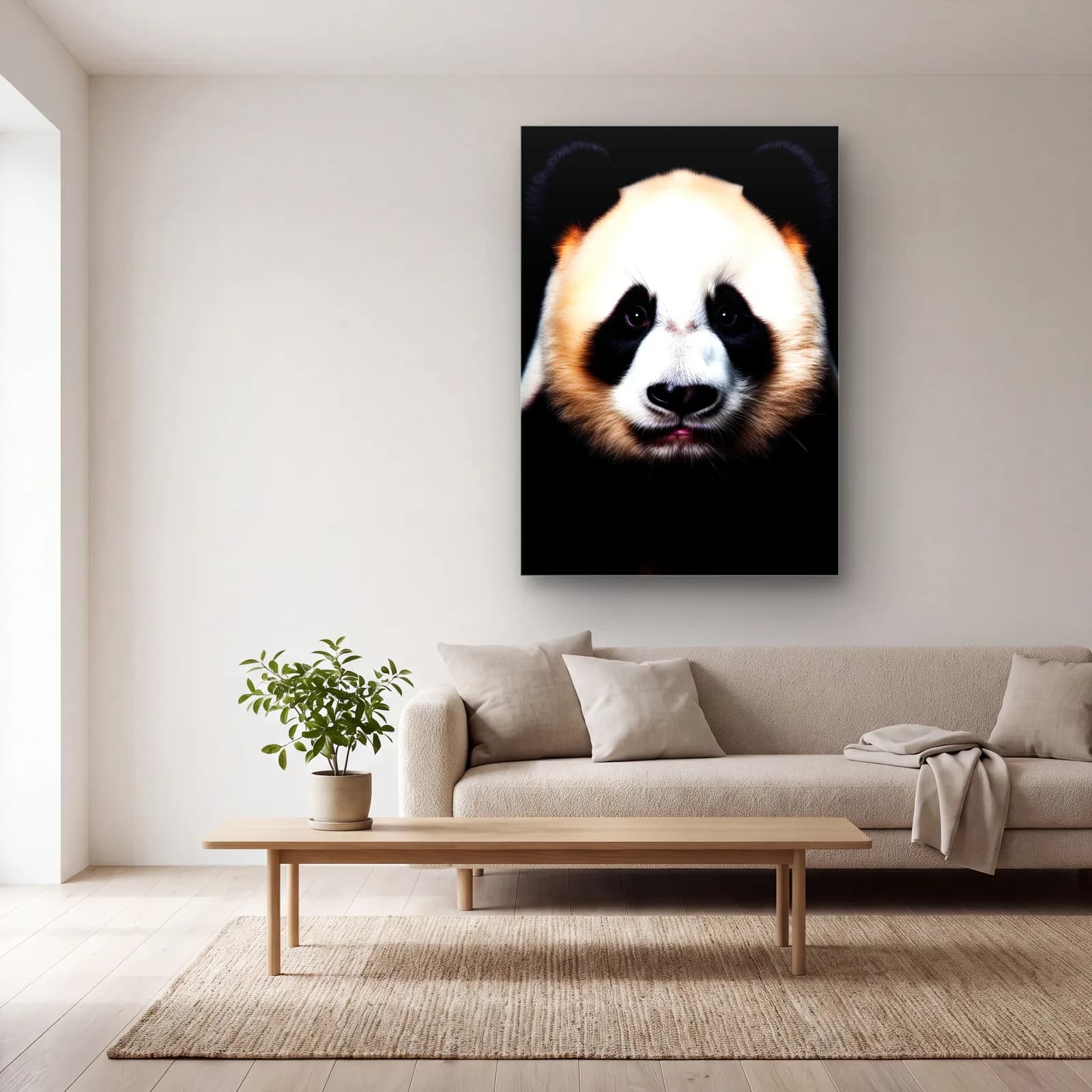Sevimli Panda Yüzü cam tablo — açık renk salonda