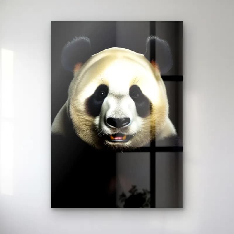 Krem Tonlu Panda cam tablo — Siyah fonda krem tonlu, gülümseyen panda