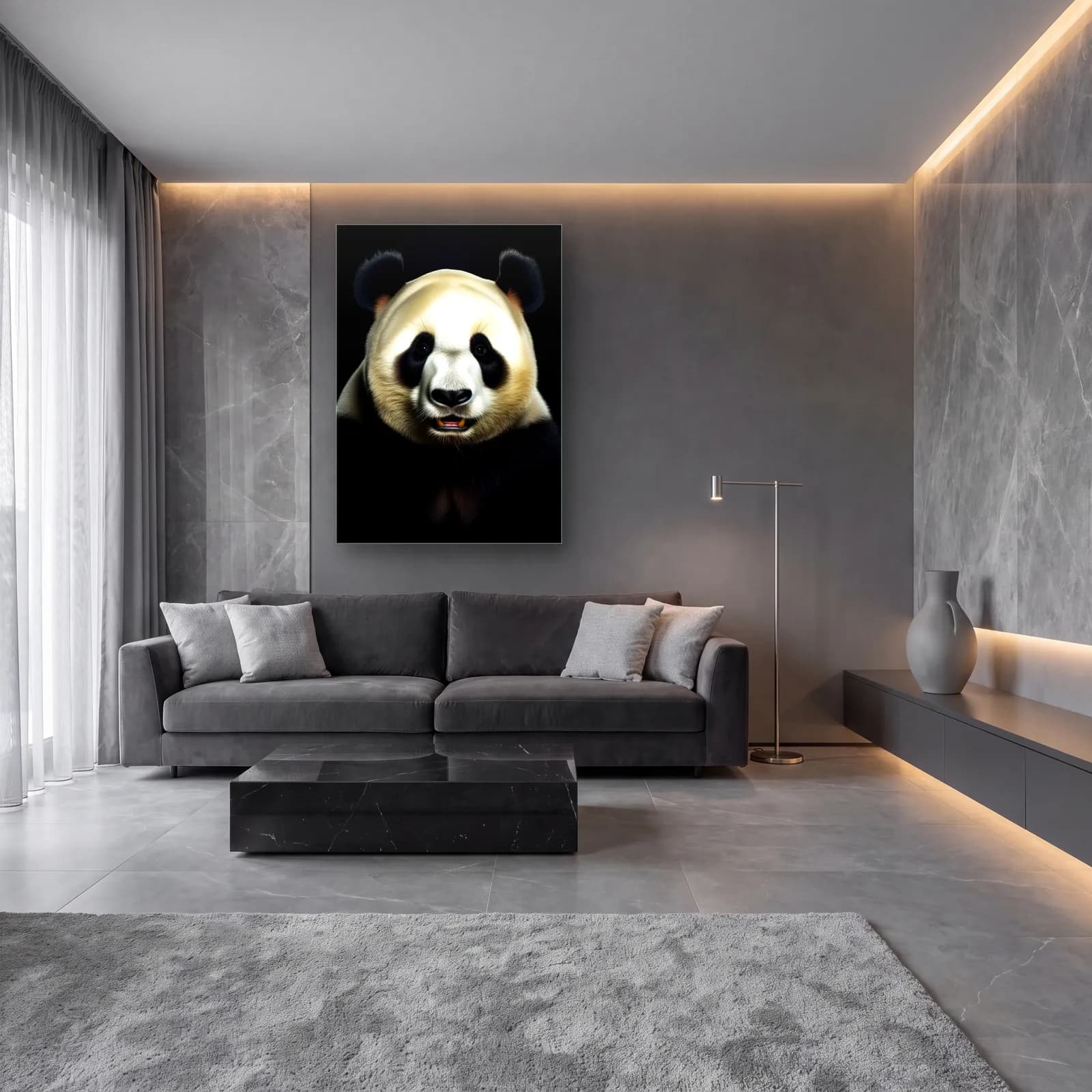 Krem Tonlu Panda cam tablo — lüks salon duvarında