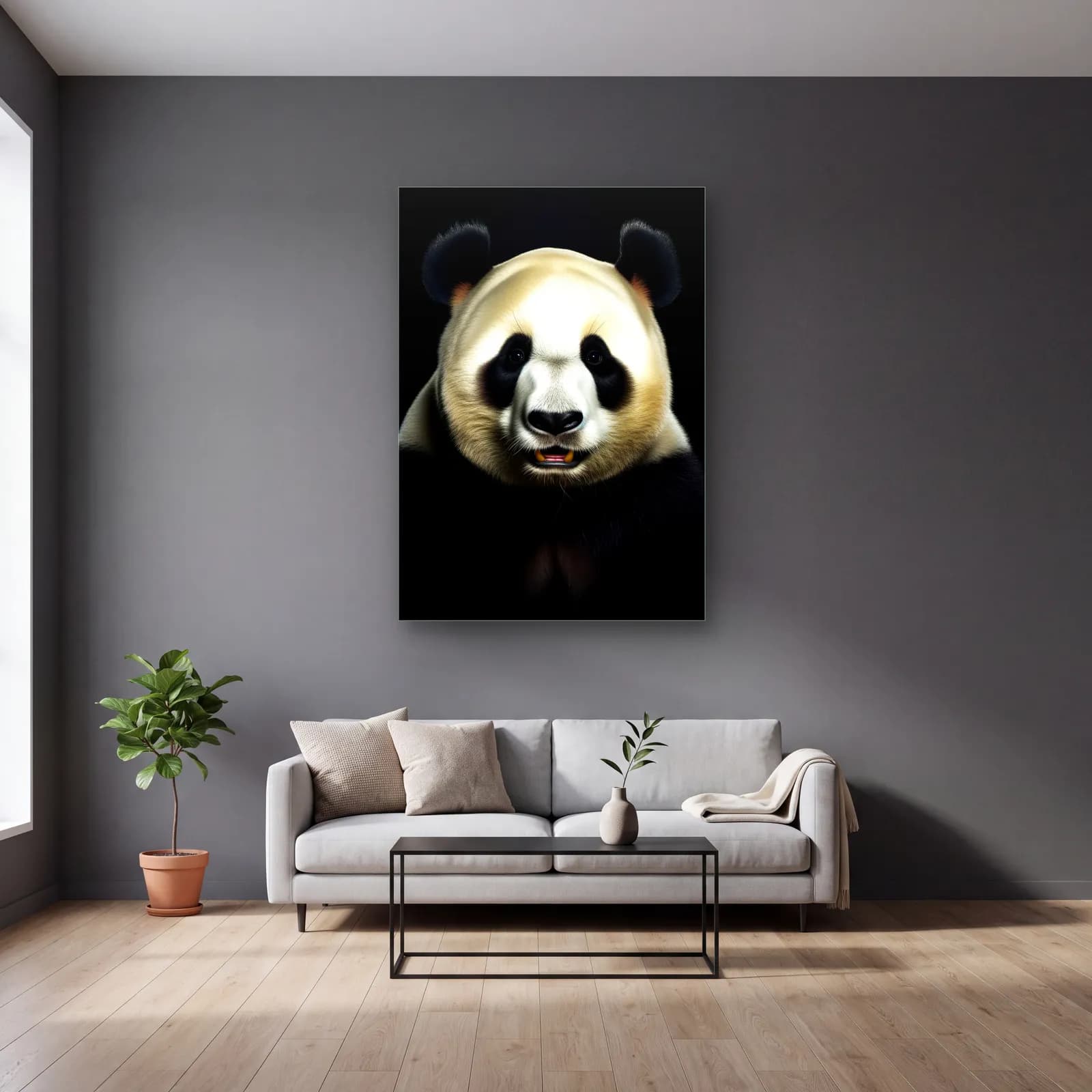 Krem Tonlu Panda cam tablo — gri duvarlı salonda