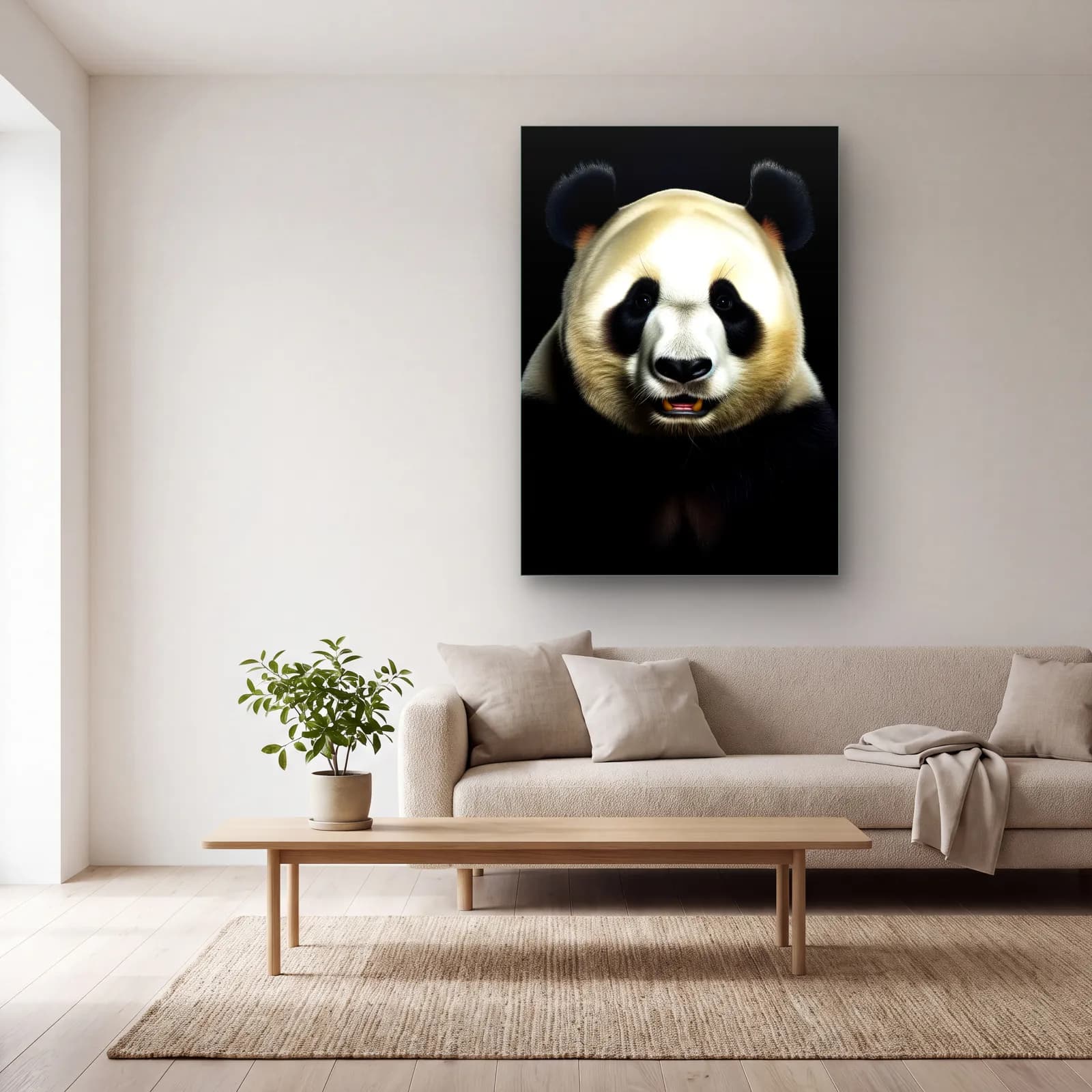 Krem Tonlu Panda cam tablo — açık renk salonda