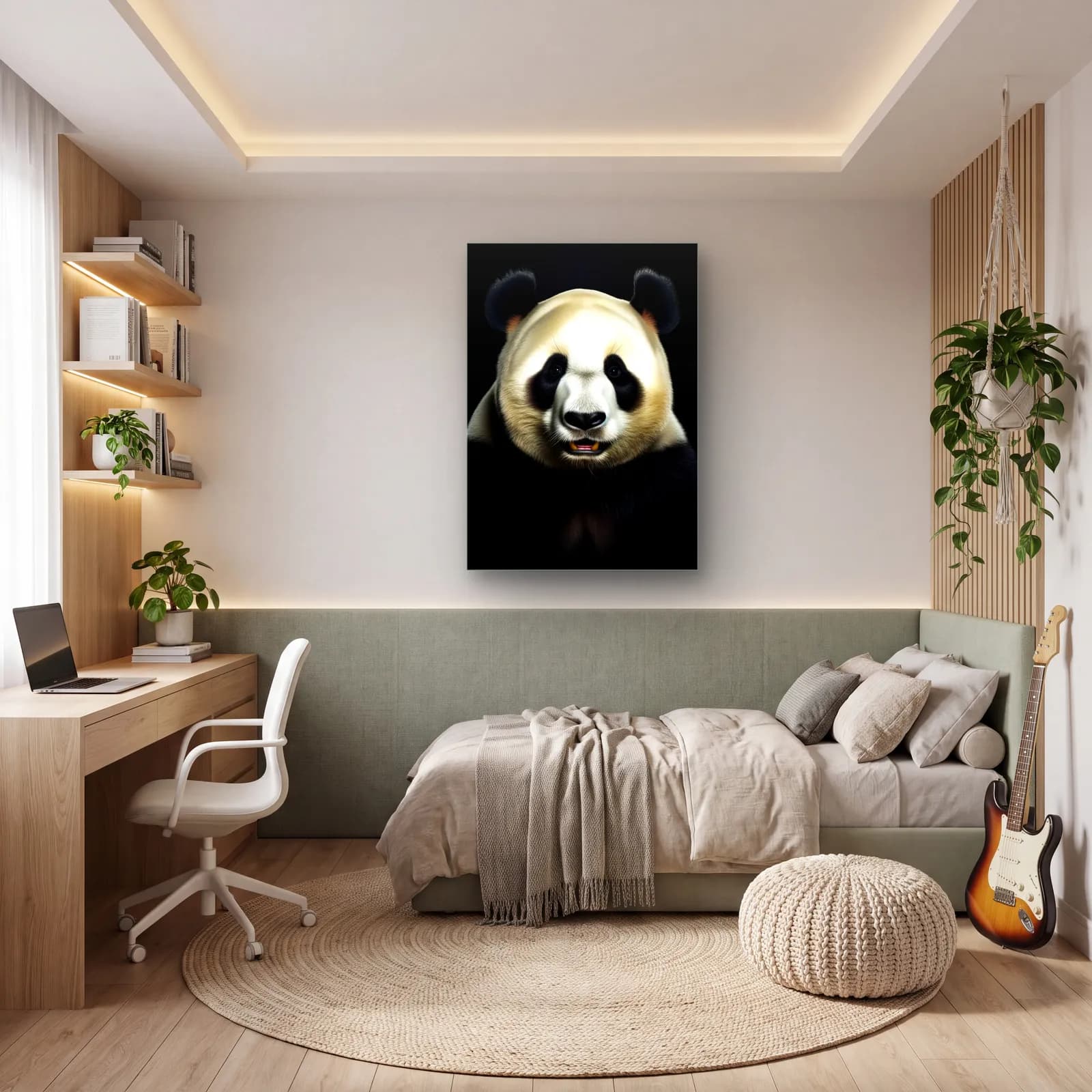 Krem Tonlu Panda cam tablo — genç odasında