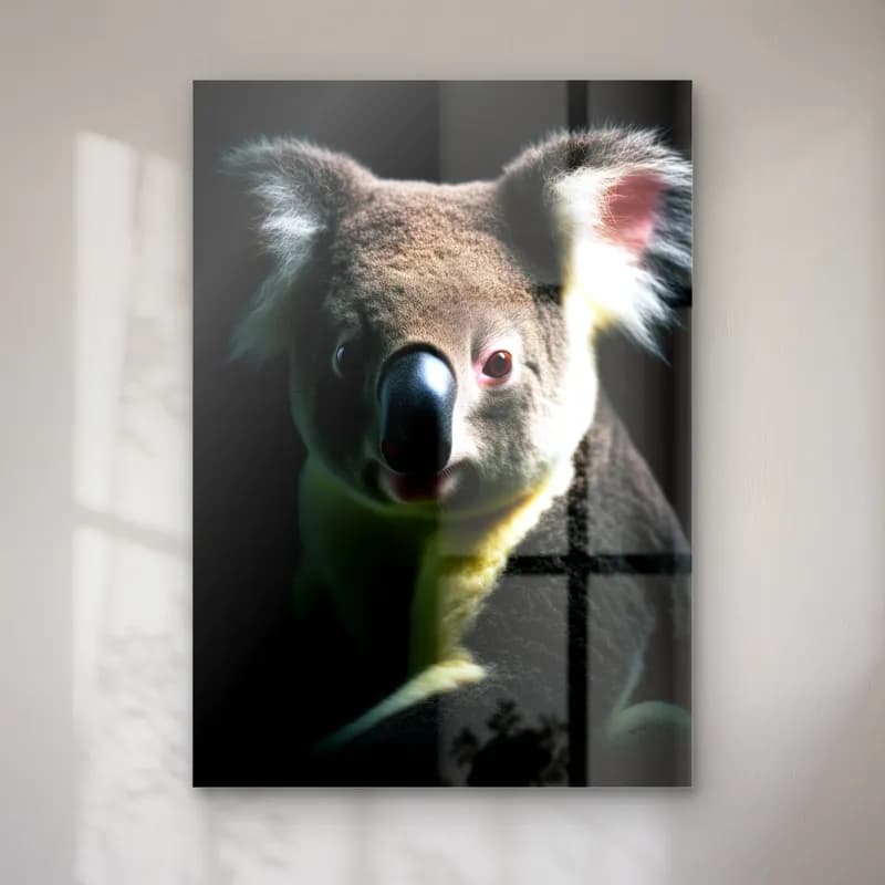 Gri Koala Portresi cam tablo — Karanlık fonda kabarık kulaklı gri koala