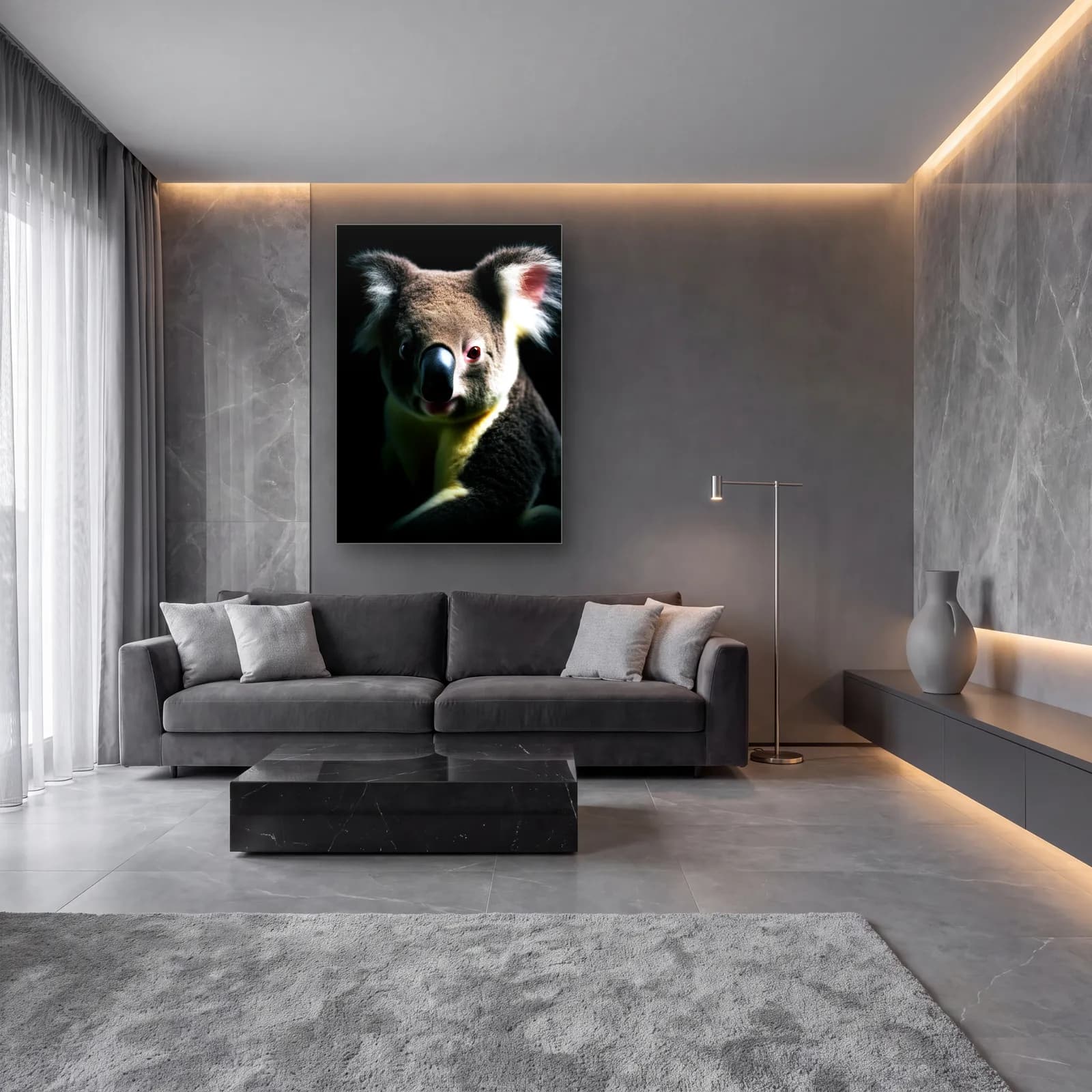 Gri Koala Portresi cam tablo — lüks salon duvarında