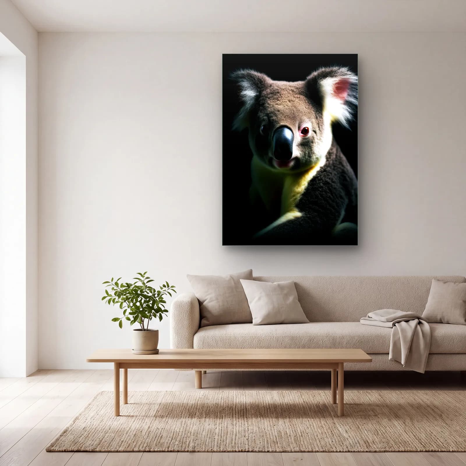 Gri Koala Portresi cam tablo — açık renk salonda