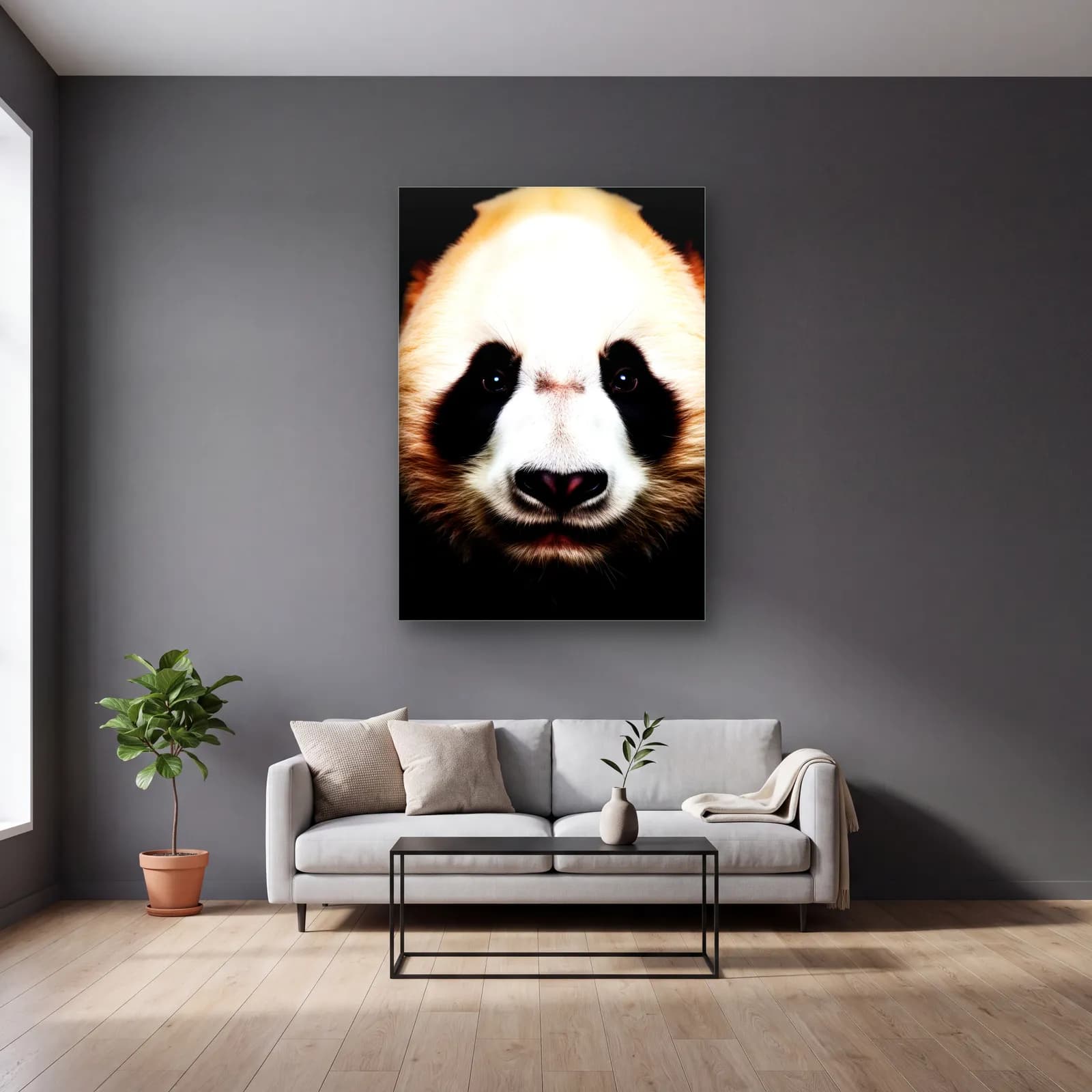Yakın Plan Panda cam tablo — gri duvarlı salonda