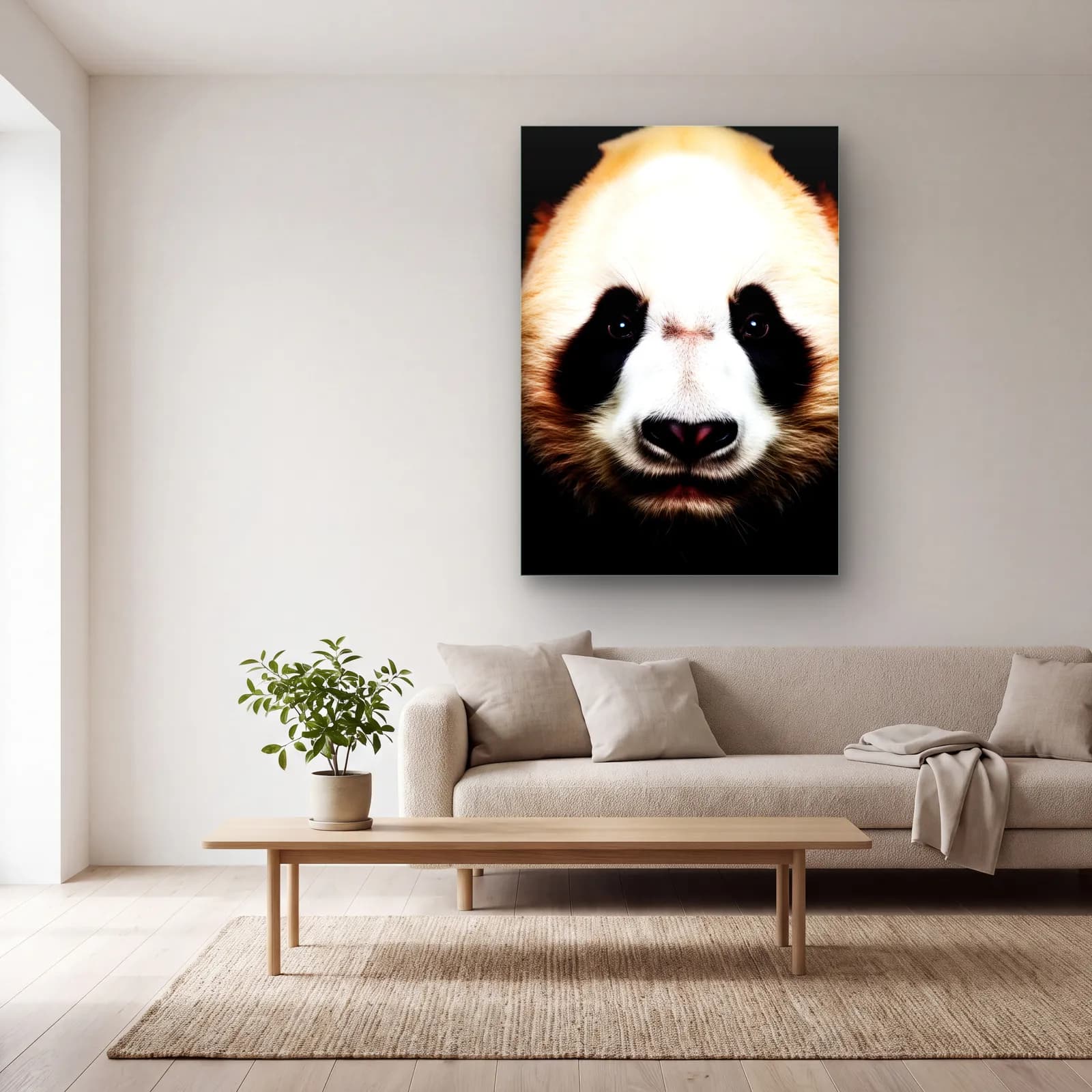 Yakın Plan Panda cam tablo — açık renk salonda
