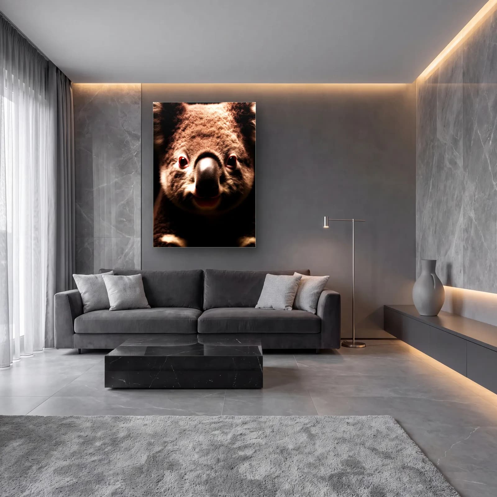 Koala Yüzü Yakın Plan cam tablo — lüks salon duvarında