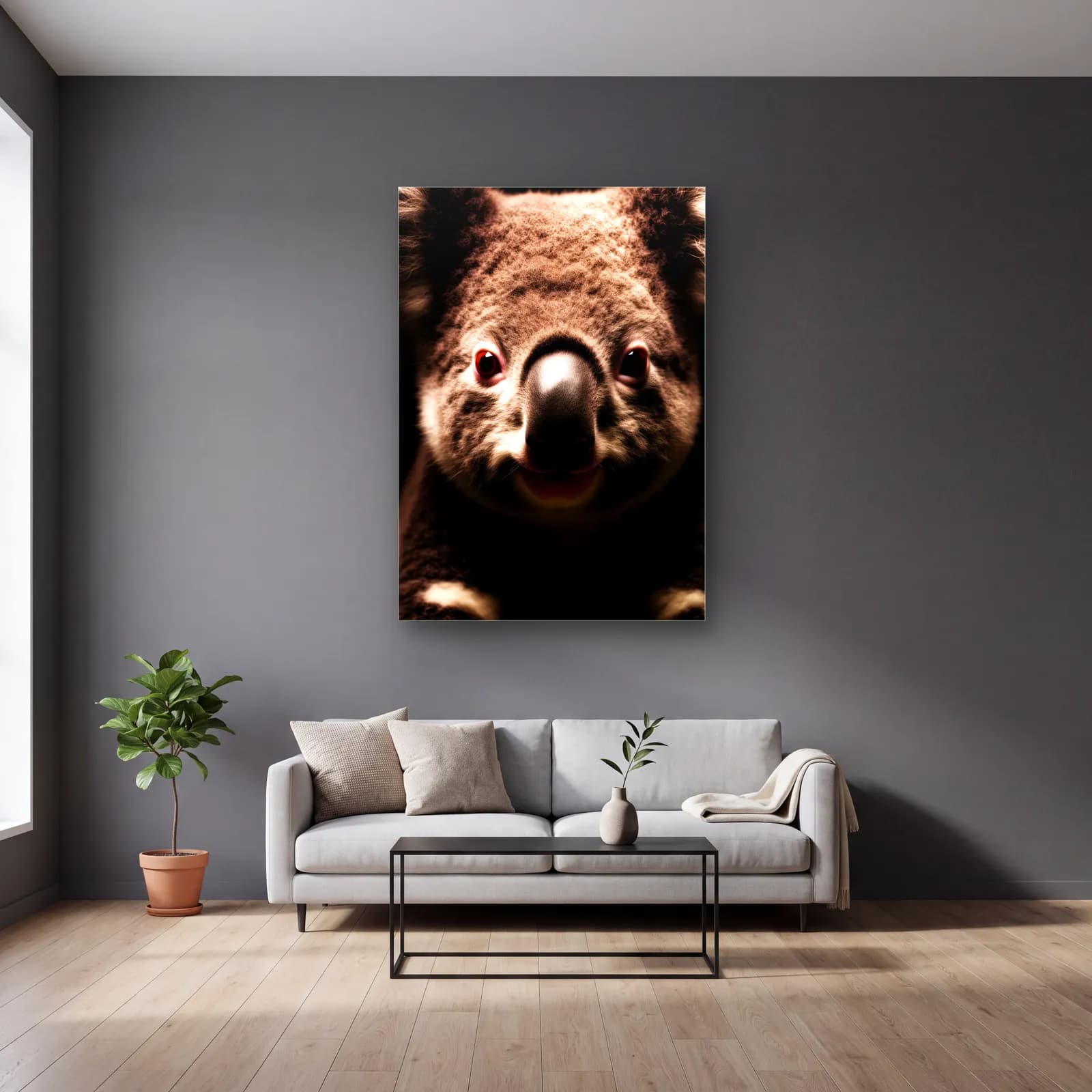 Koala Yüzü Yakın Plan cam tablo — gri duvarlı salonda
