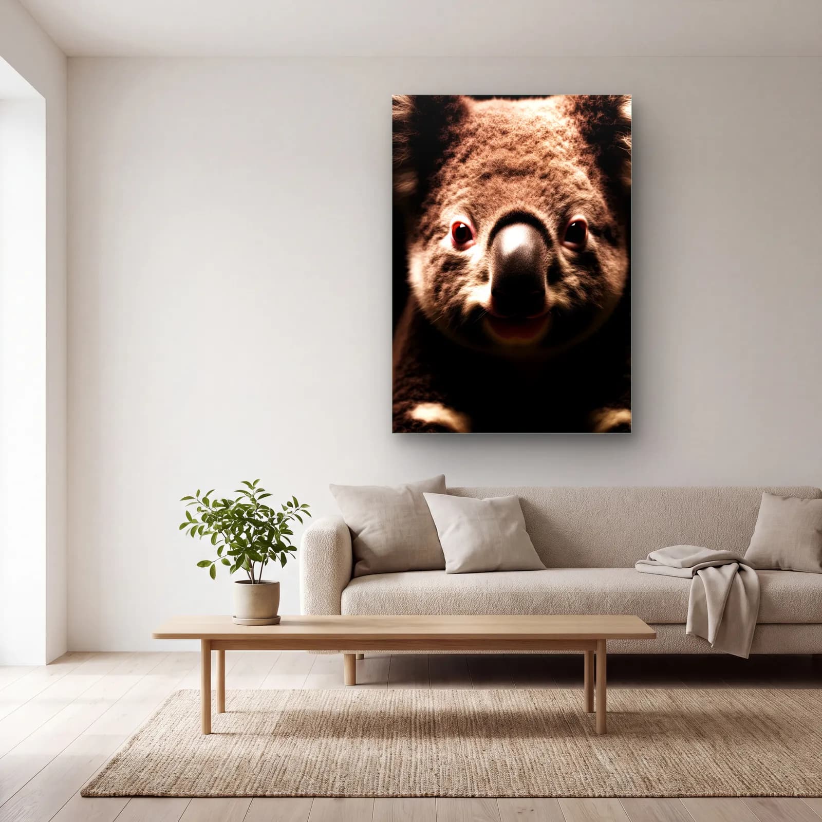 Koala Yüzü Yakın Plan cam tablo — açık renk salonda