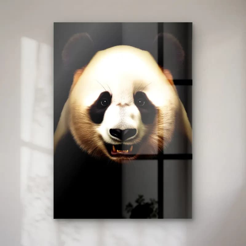 Dişlerini Gösteren Panda cam tablo — Siyah fonda ağzı açık, dişlerini gösteren panda