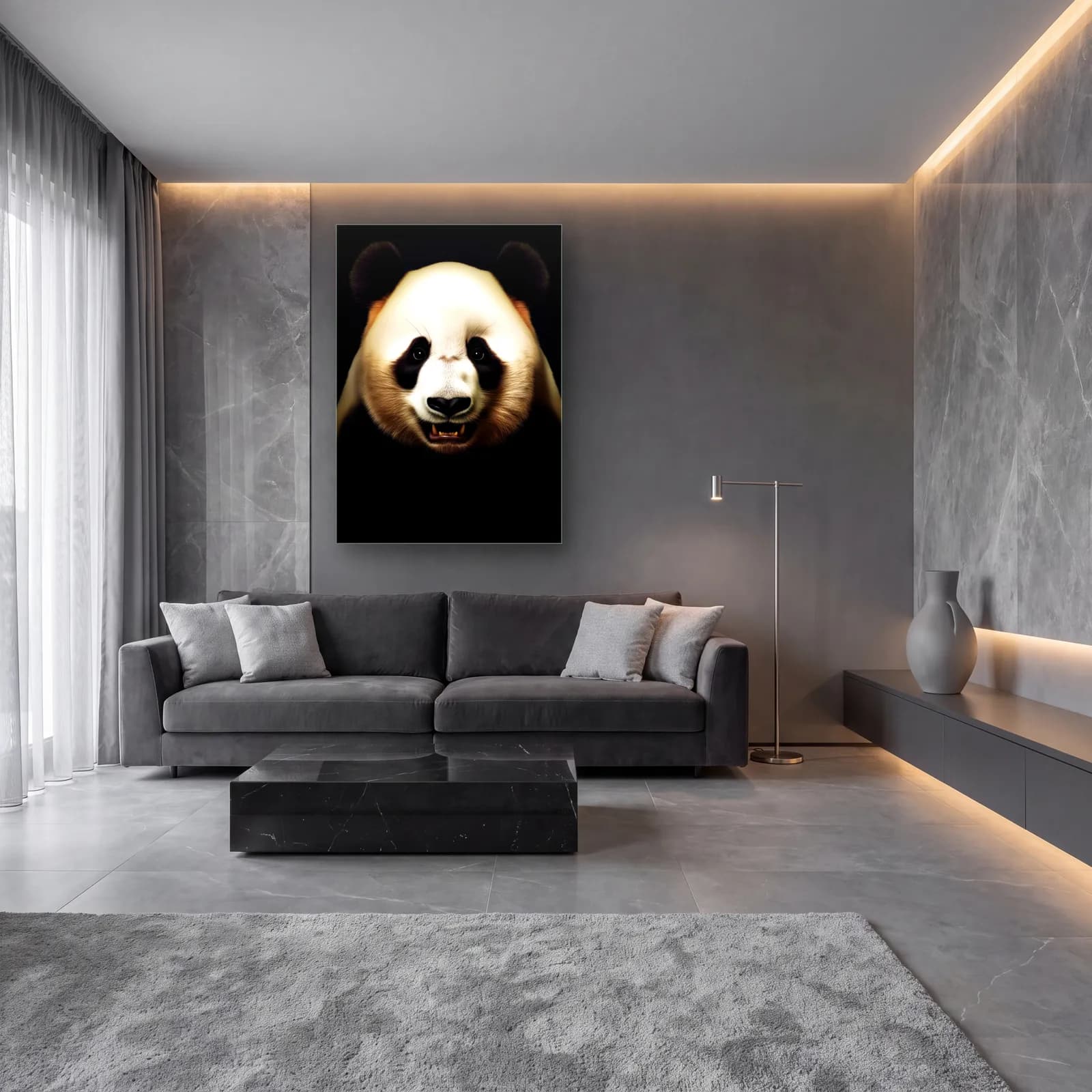 Dişlerini Gösteren Panda cam tablo — lüks salon duvarında
