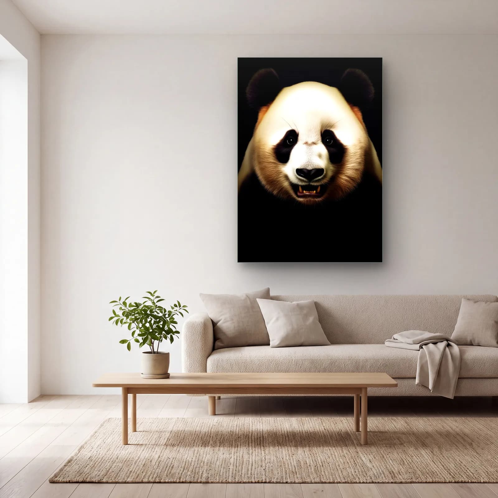 Dişlerini Gösteren Panda cam tablo — açık renk salonda