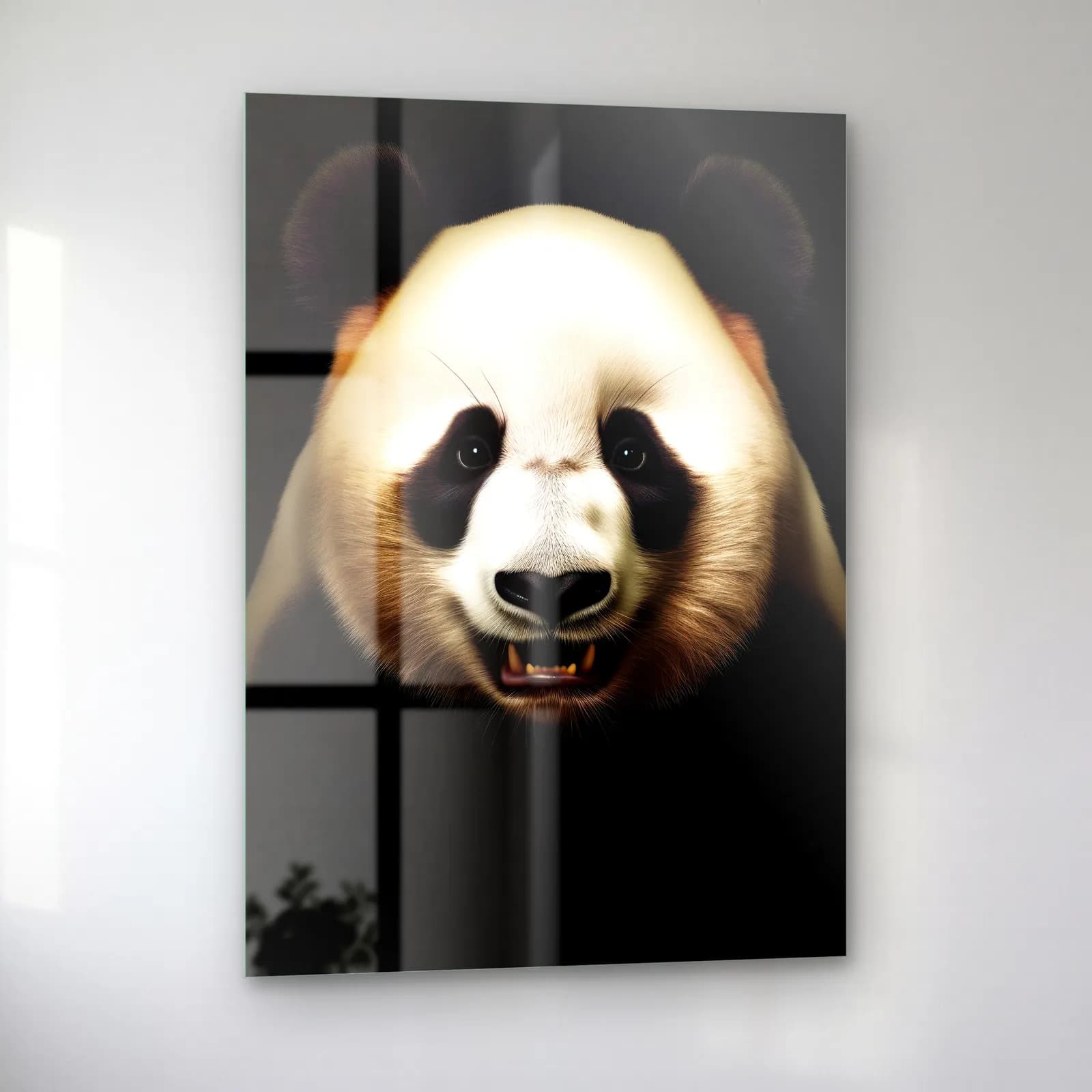 Dişlerini Gösteren Panda cam tablo — sol açıdan görünüm
