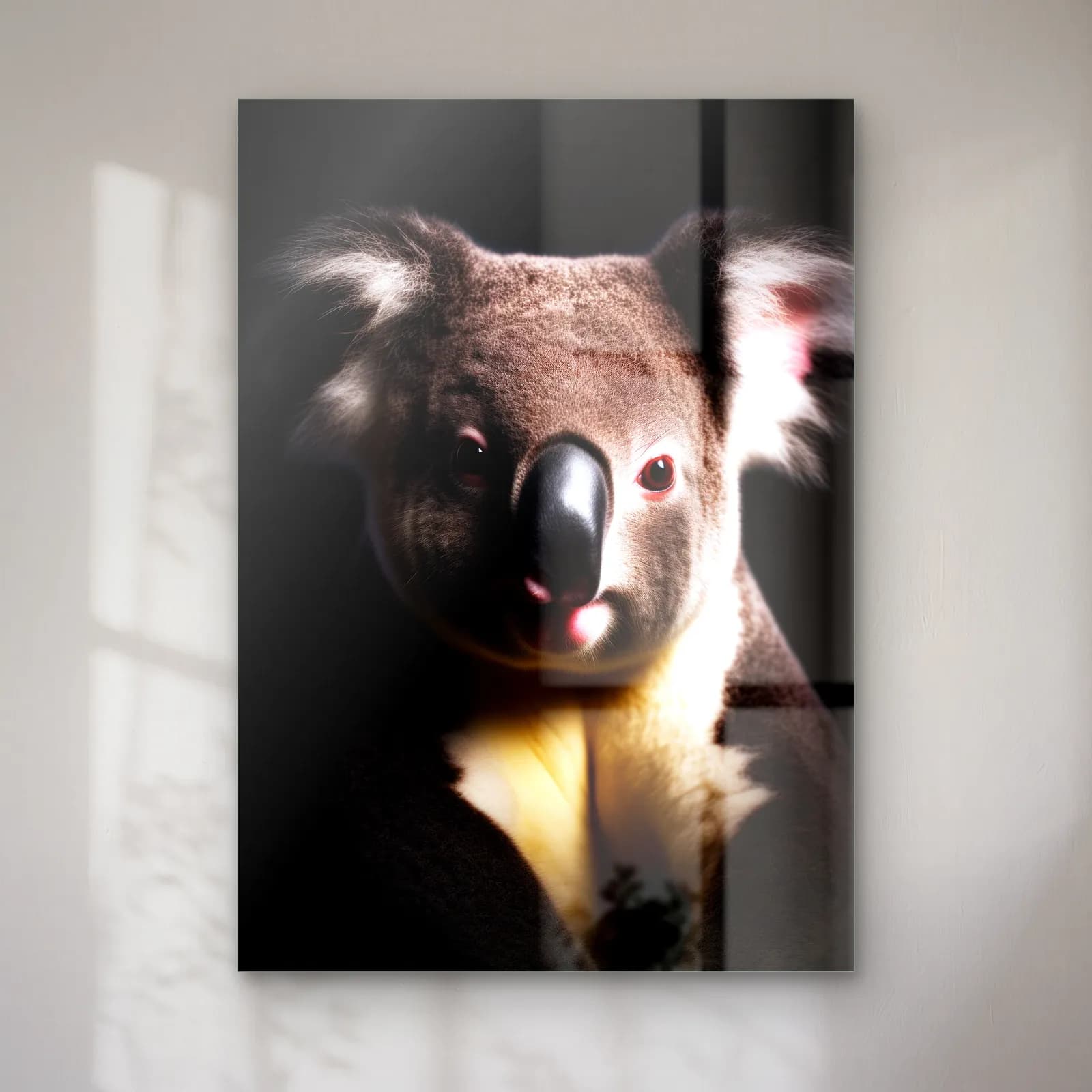 Loş Işıkta Koala cam tablo — Siyah fonda loş ışıkta gri koala