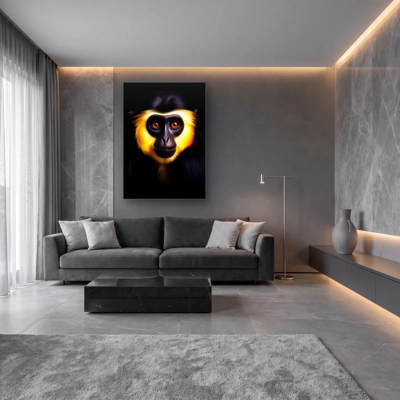 Sarı Yanaklı Gibon cam tablo — lüks salon duvarında
