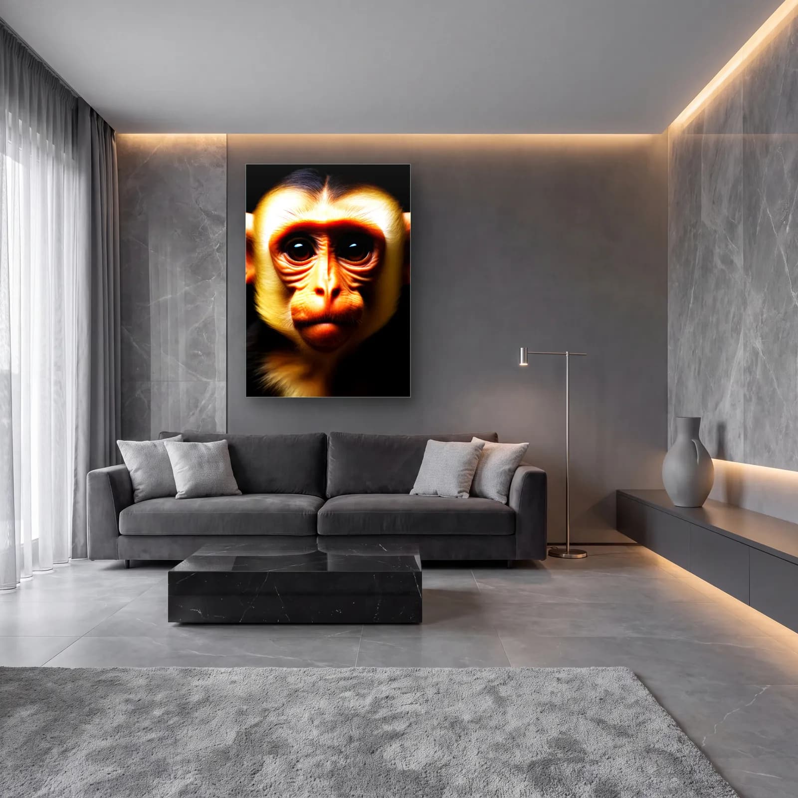 Sarı Kapuçin Maymunu cam tablo — lüks salon duvarında