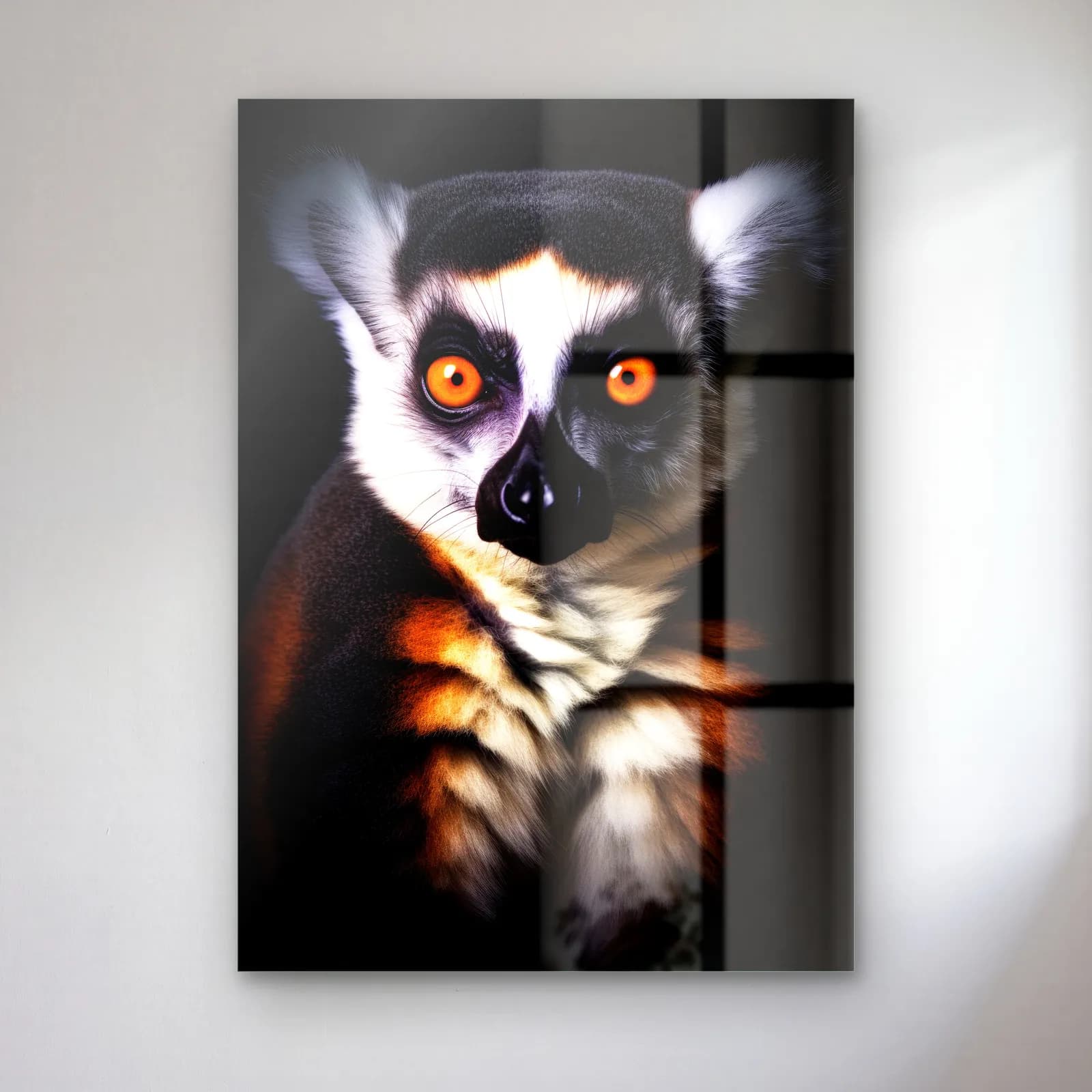 Halka Kuyruklu Lemur cam tablo — Siyah fonda turuncu gözlü siyah beyaz lemur