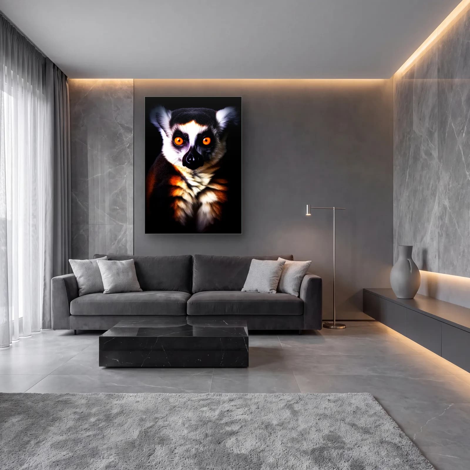 Halka Kuyruklu Lemur cam tablo — lüks salon duvarında
