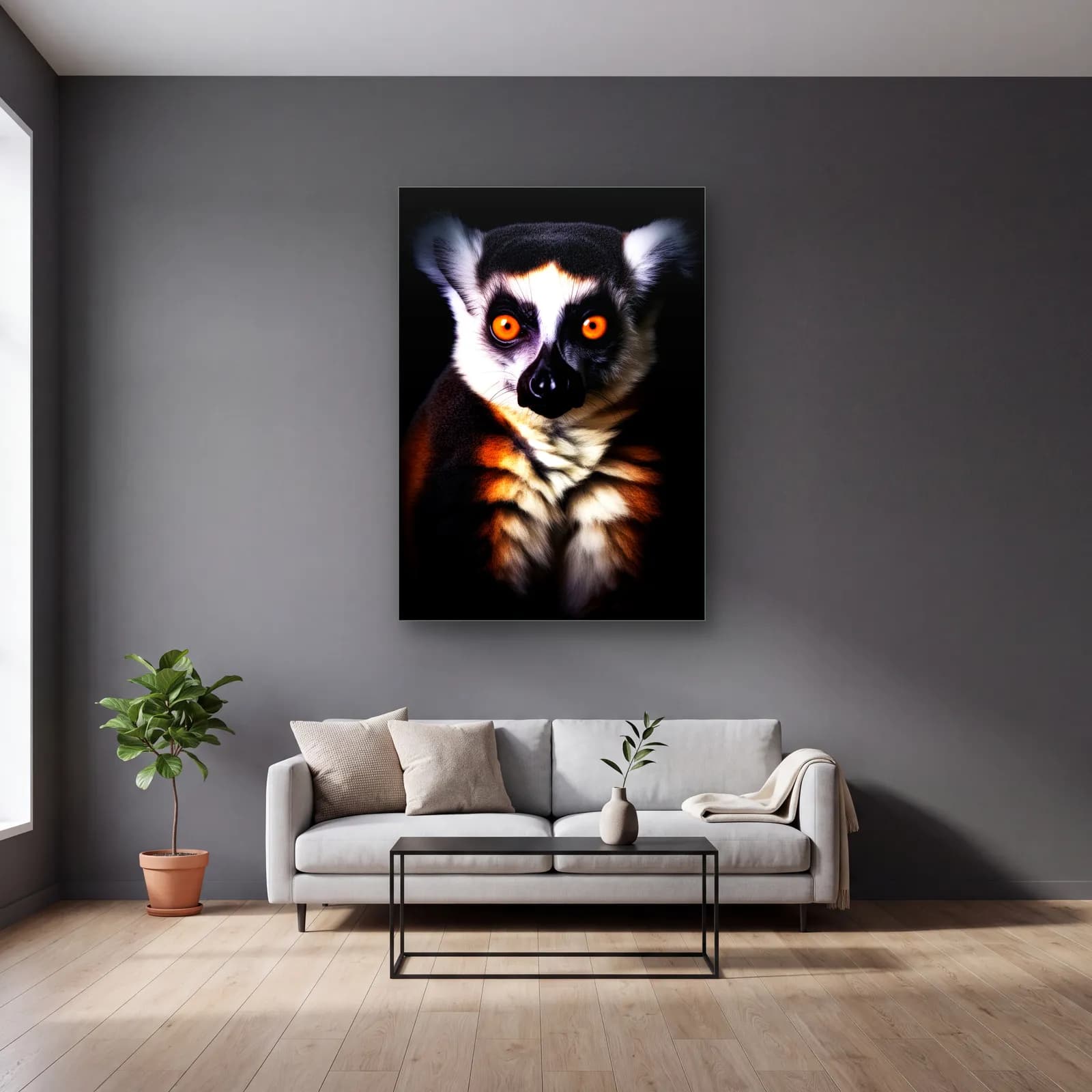 Halka Kuyruklu Lemur cam tablo — gri duvarlı salonda