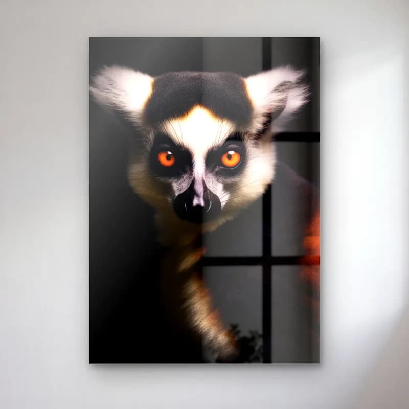 Meraklı Lemur cam tablo — Karanlık fonda iri turuncu gözlü meraklı lemur