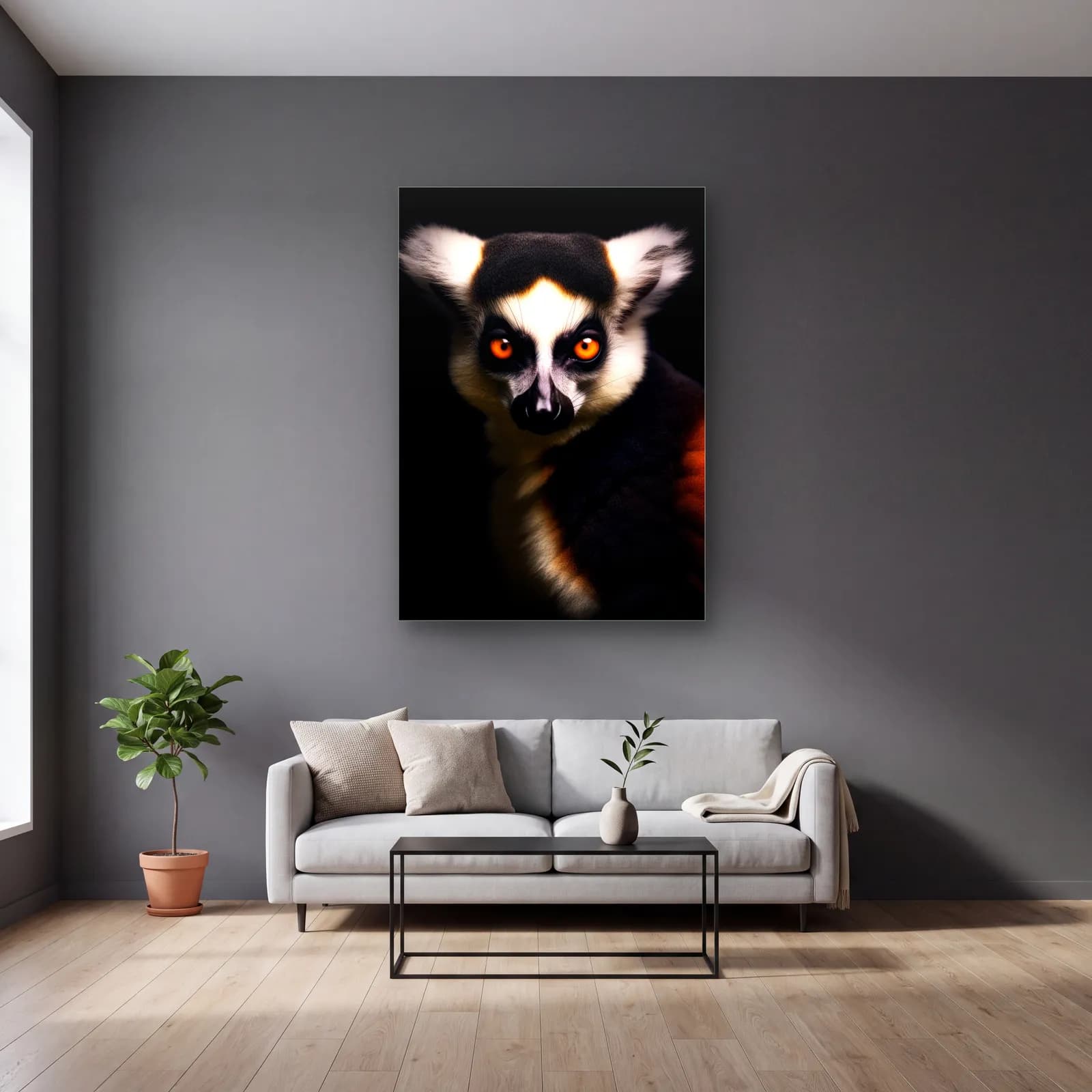 Meraklı Lemur cam tablo — gri duvarlı salonda