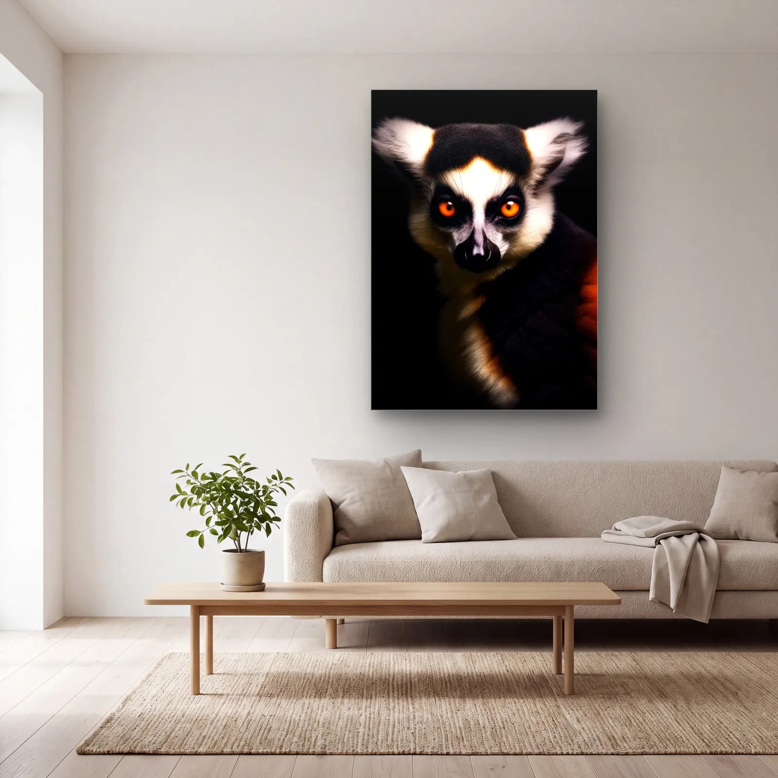 Meraklı Lemur cam tablo — açık renk salonda