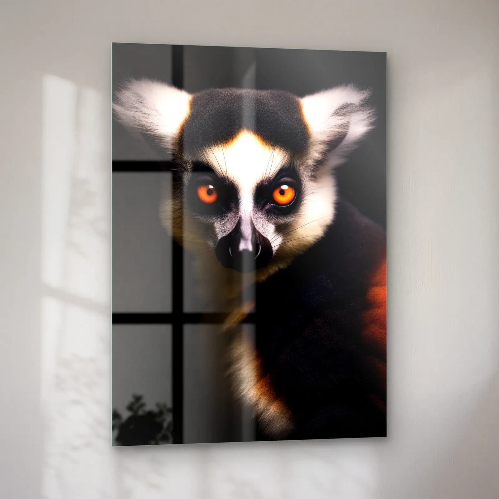 Meraklı Lemur cam tablo — sol açıdan görünüm