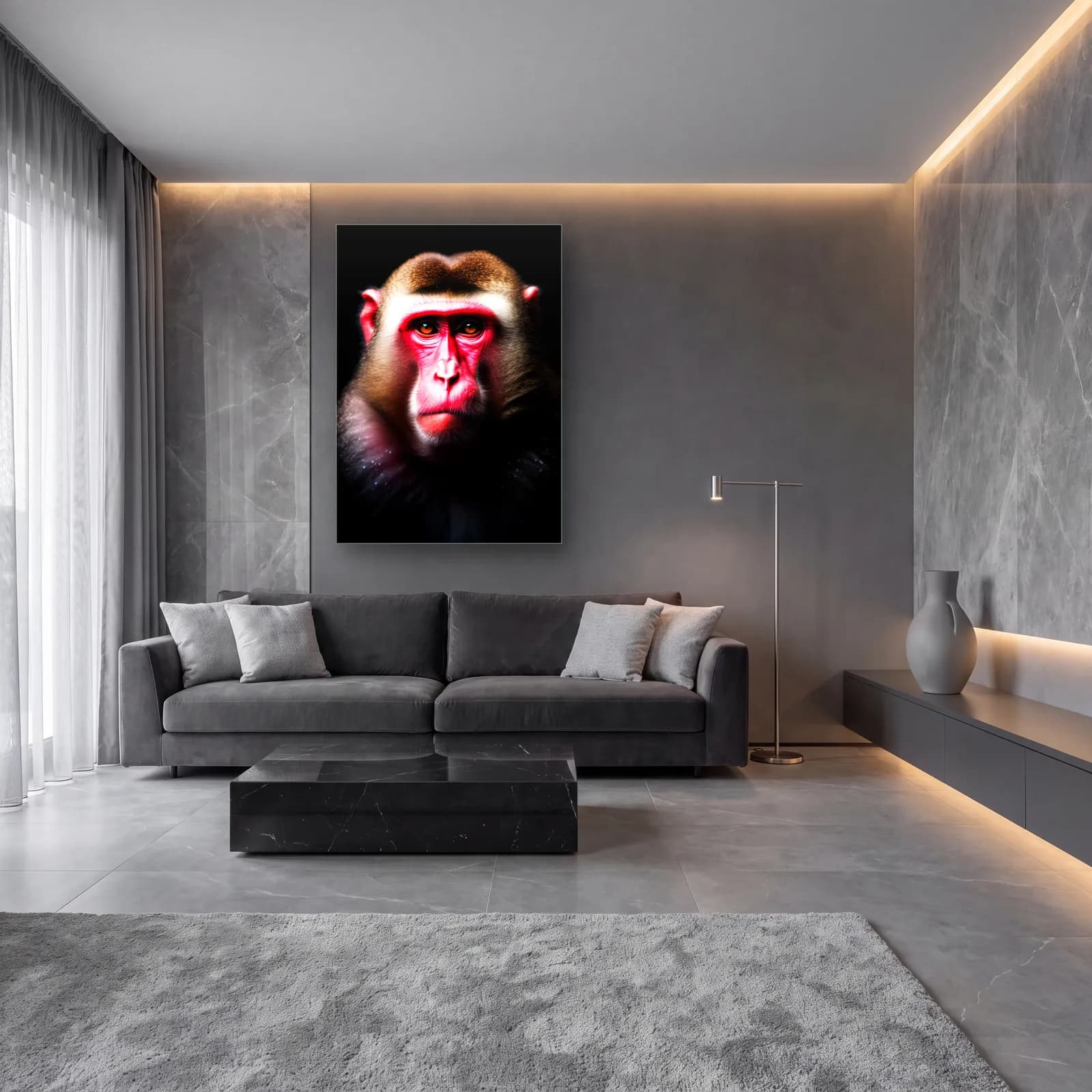 Pembe Yüzlü Makak cam tablo — lüks salon duvarında